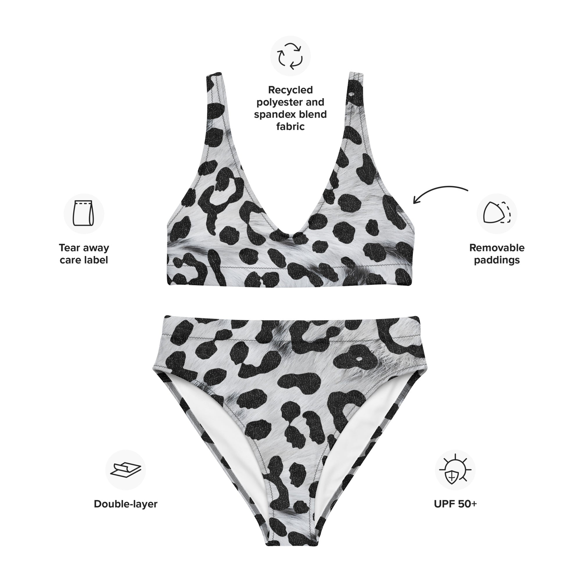 Recycled high waisted bikini safari leopard white