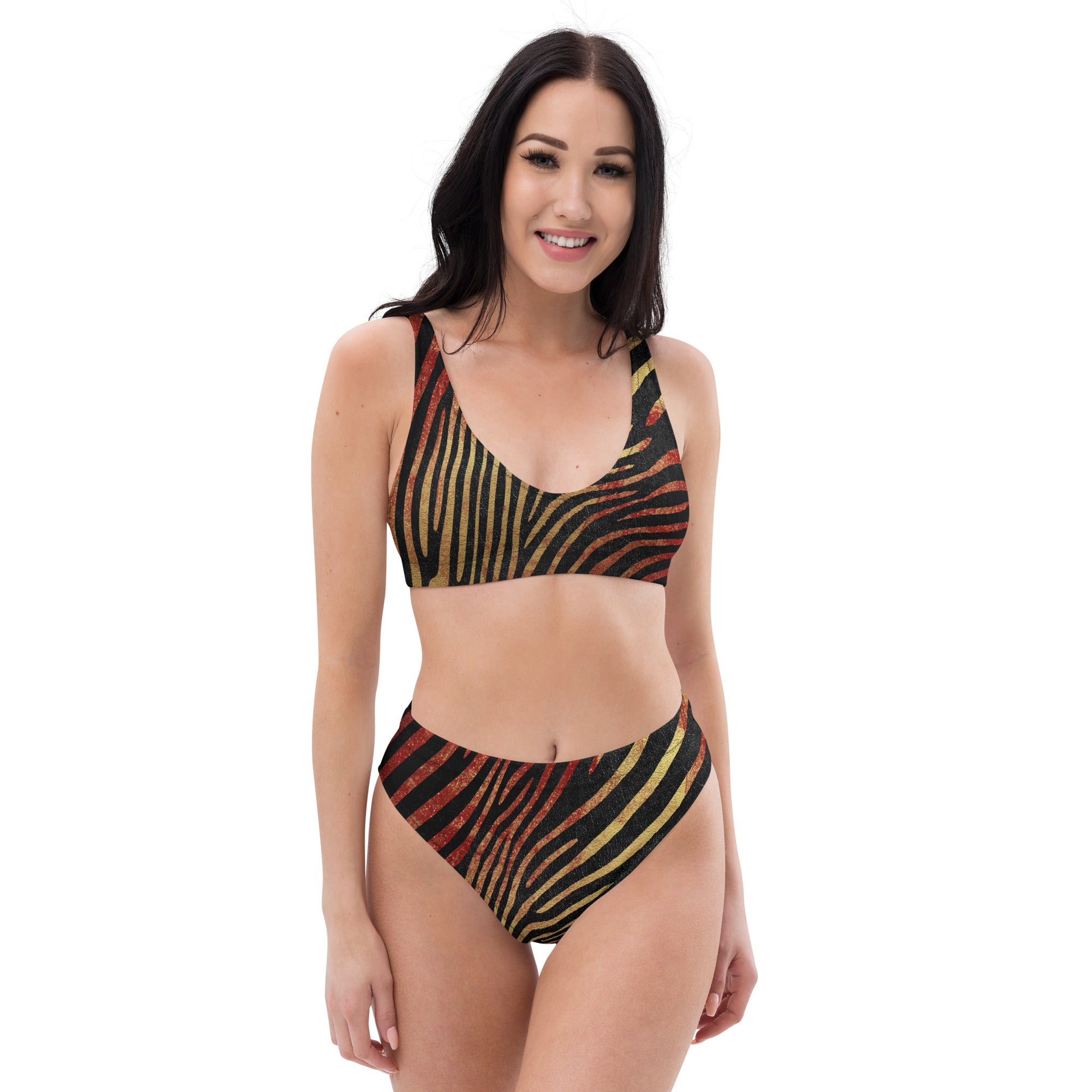 Recycled high waisted bikini safari zebra red and gold