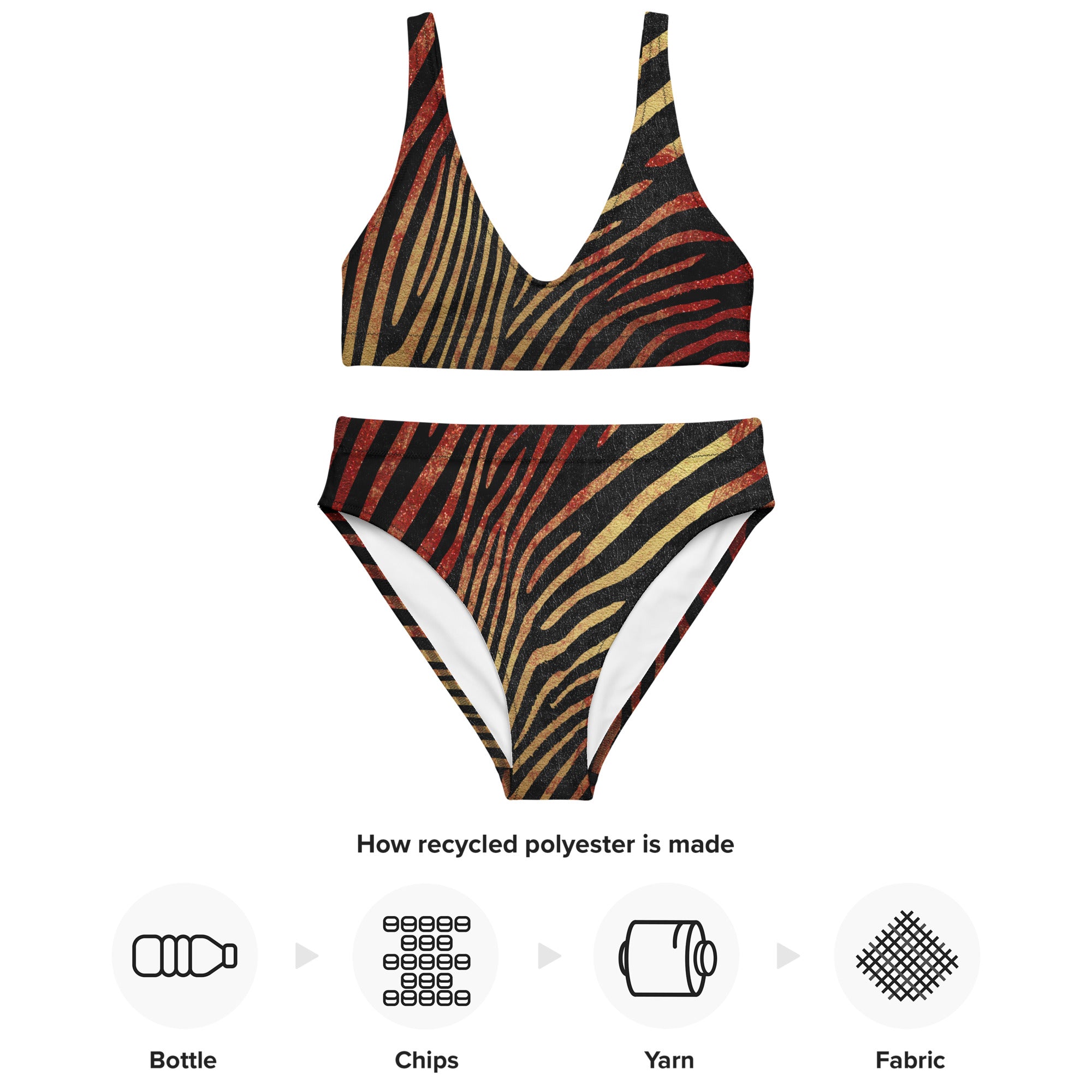 Recycled high waisted bikini safari zebra red and gold