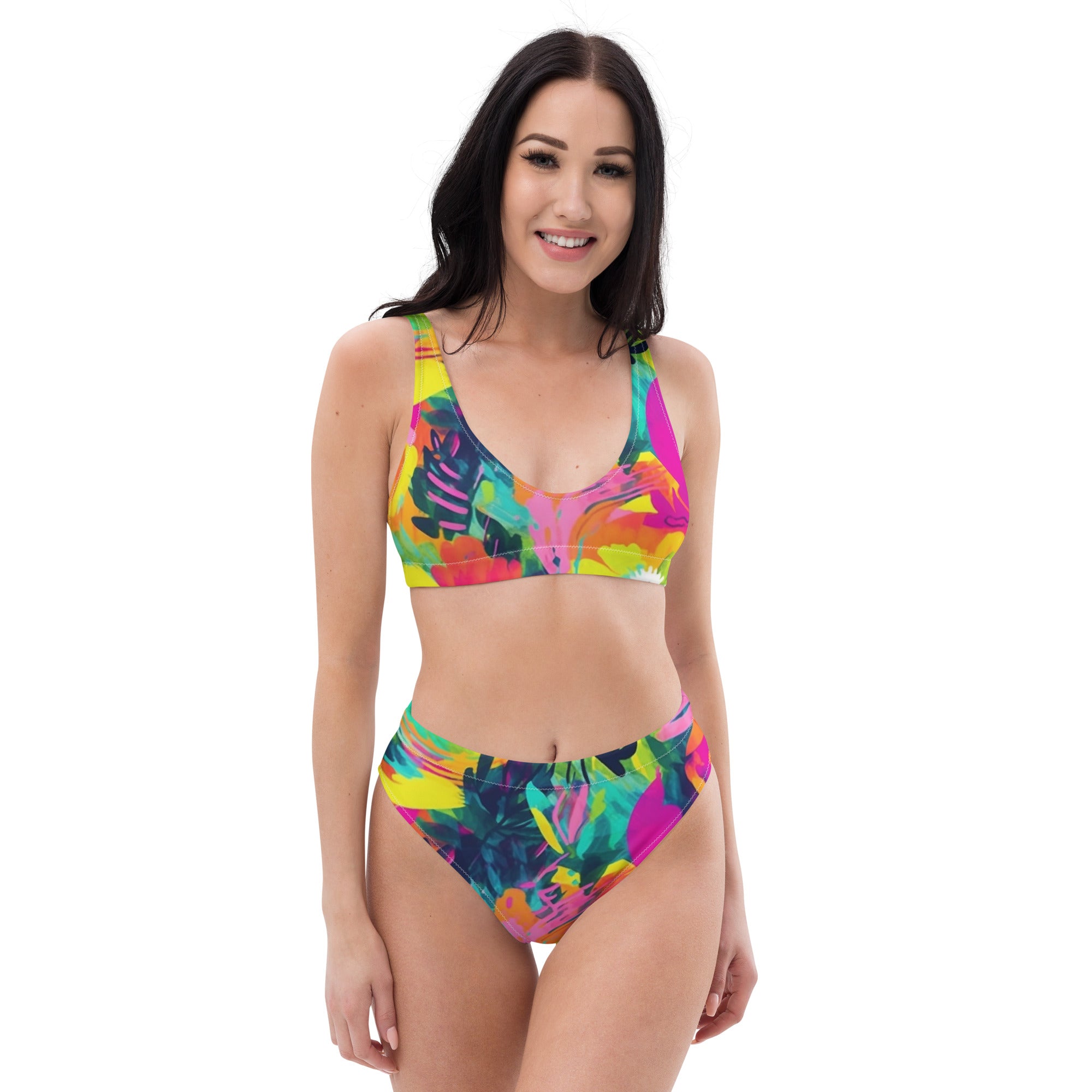 Recycled high waisted bikini Summer pastel flower pattern III