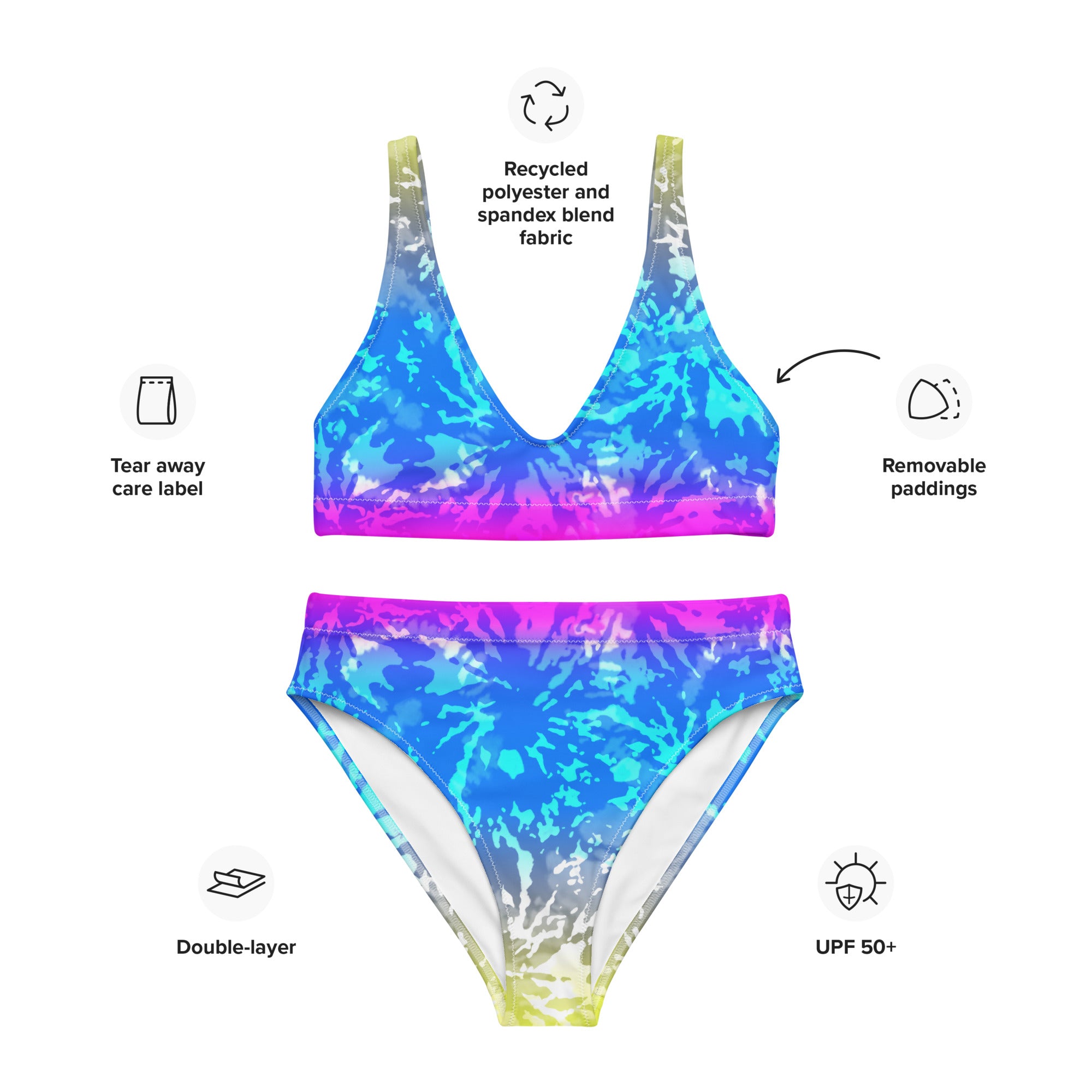 Recycled high waisted bikini tie dye multicolour splashes