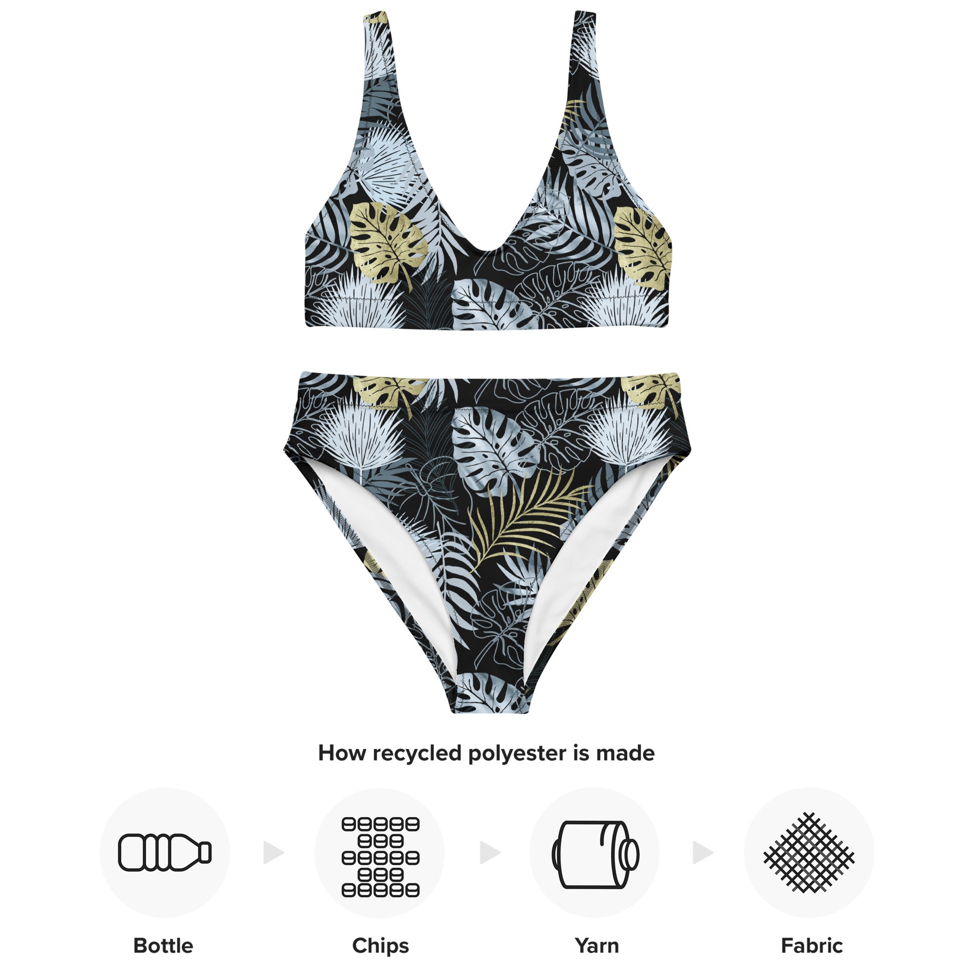 Recycled high waisted bikini tropical black and gold