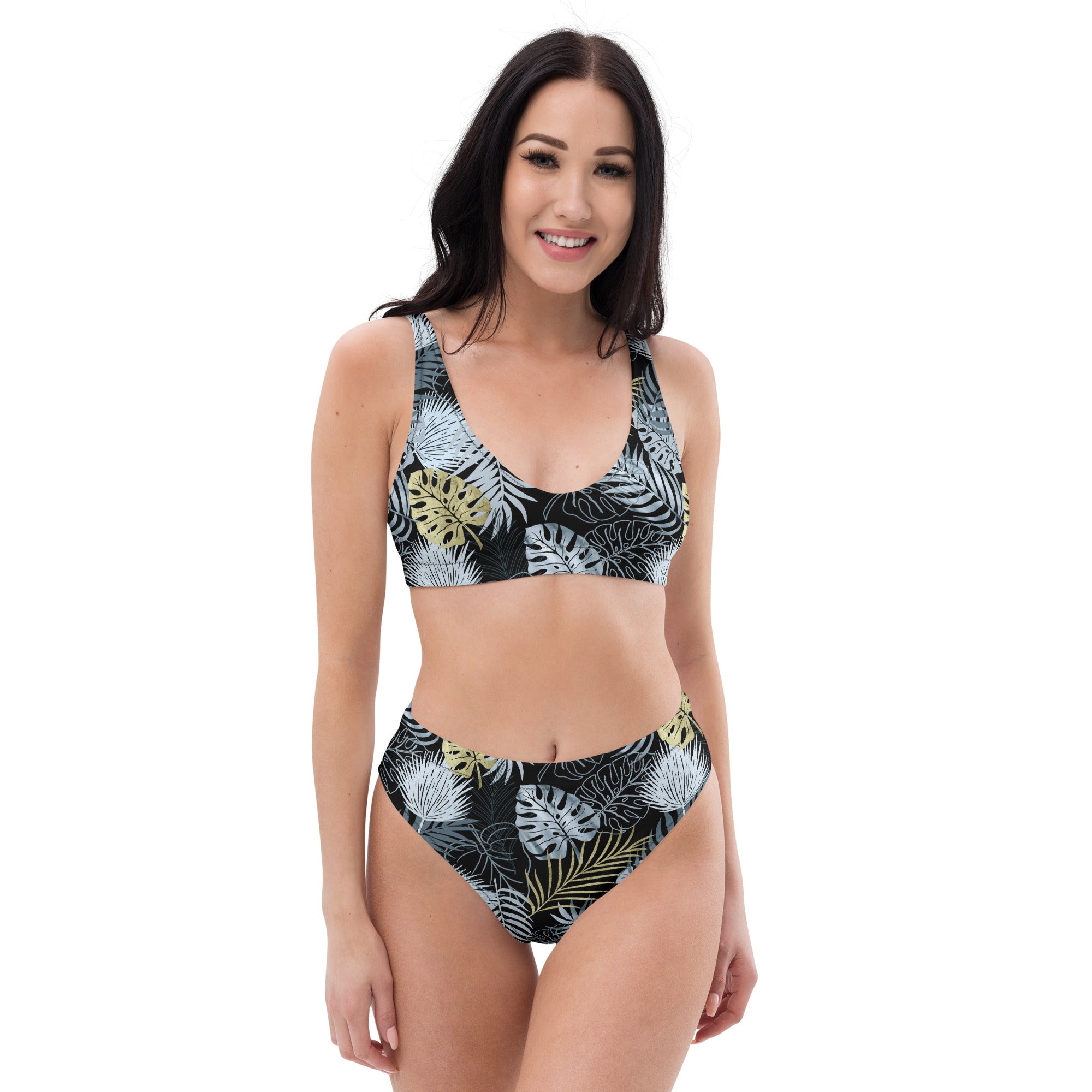 Recycled high waisted bikini tropical black and gold