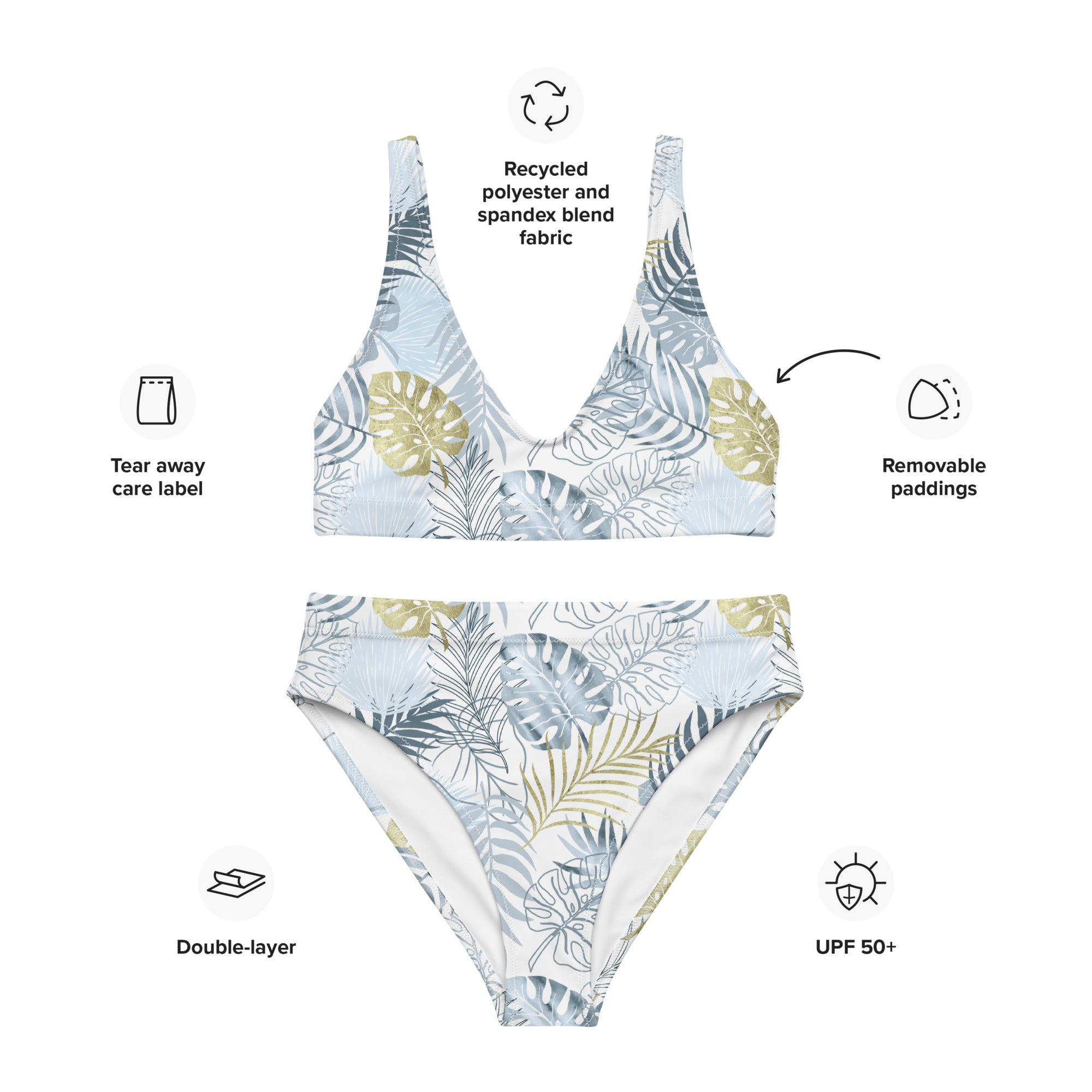 Recycled high waisted bikini tropical leafs white