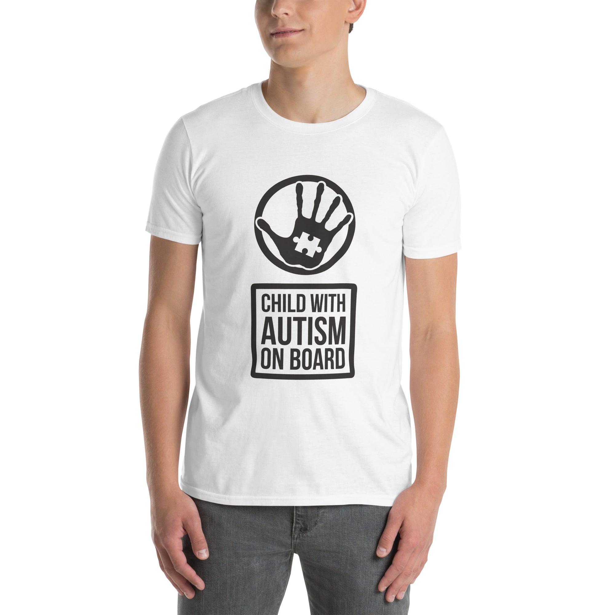 Short Sleeve Unisex T Shirt Child with Autism on Board