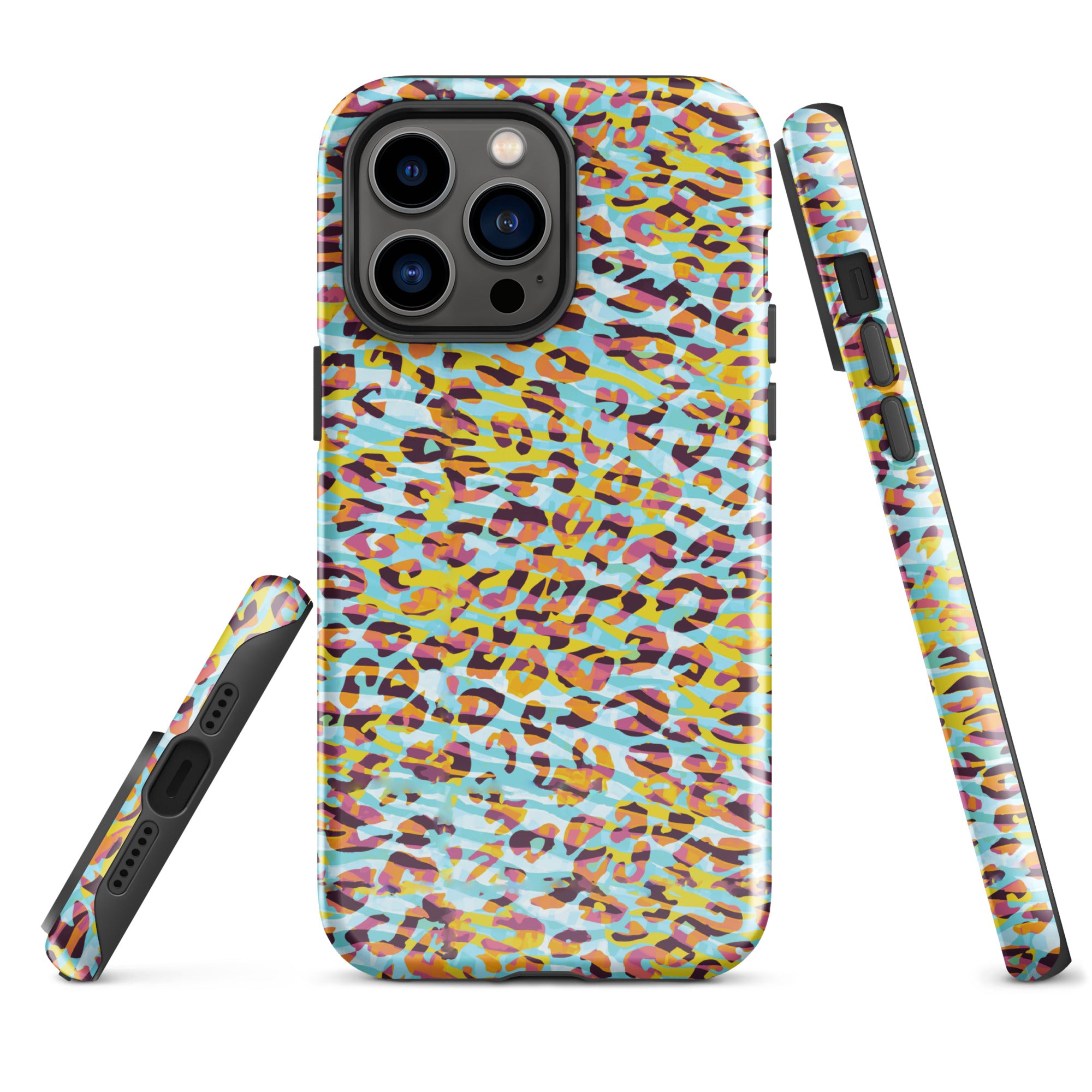 Tough Case for iPhone® Zebra and Leopard Print Cyan with Yellow