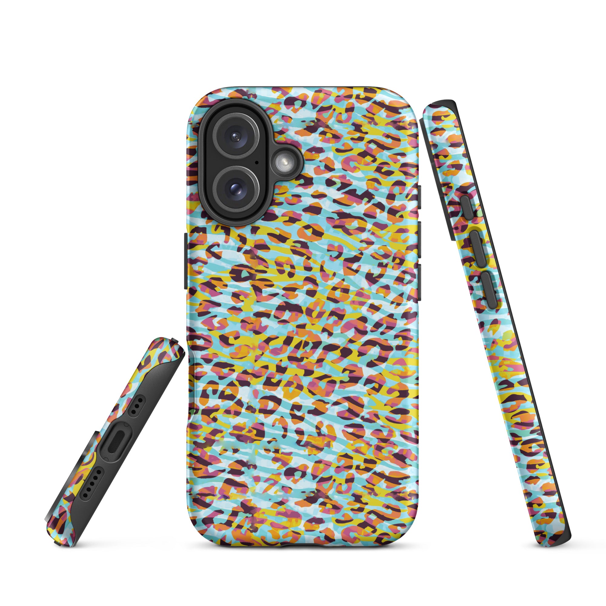 Tough Case for iPhone® Zebra and Leopard Print Cyan with Yellow