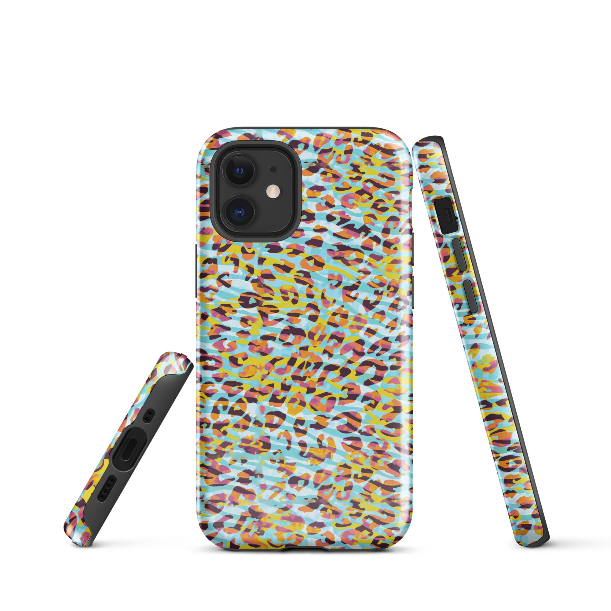 Tough Case for iPhone® Zebra and Leopard Print Cyan with Yellow