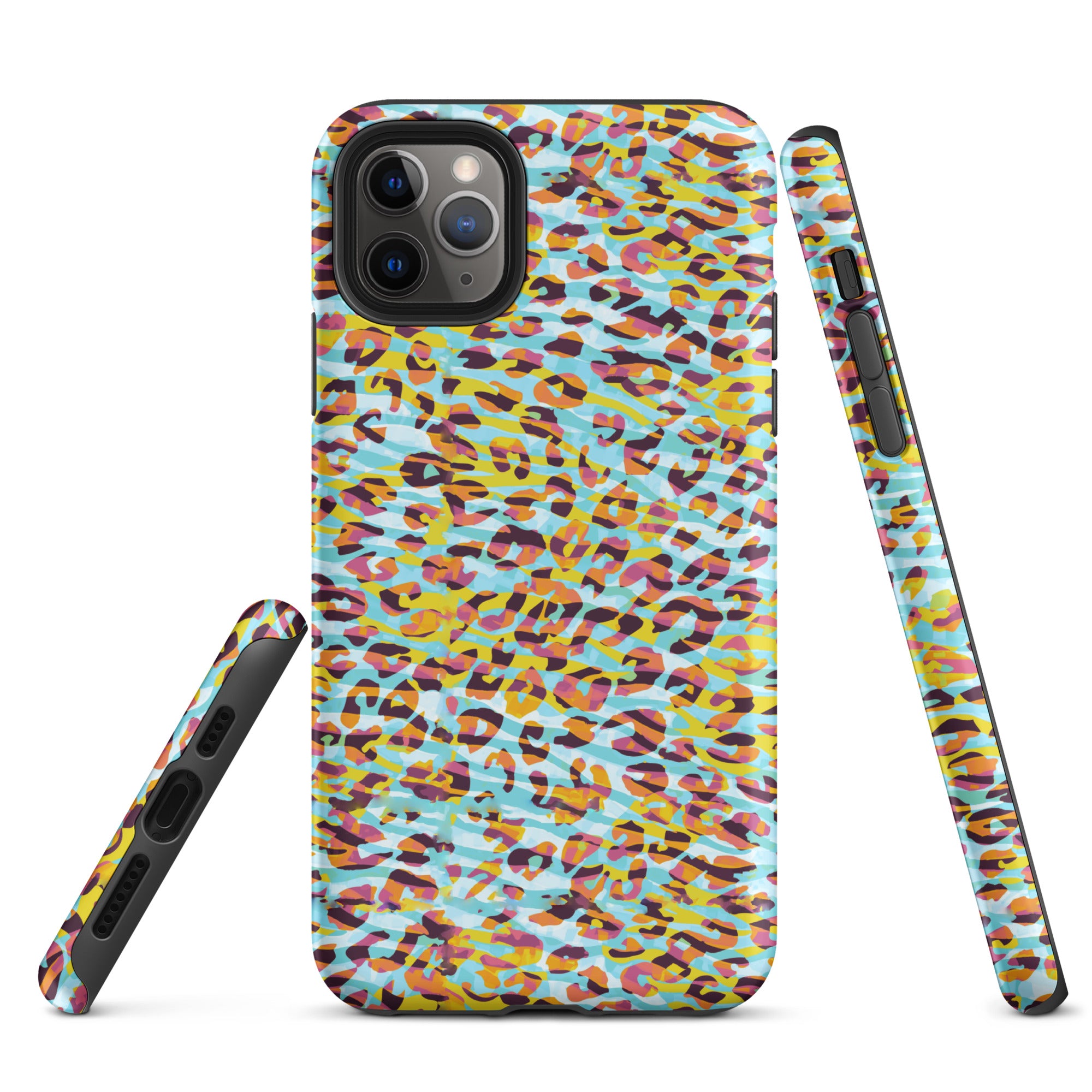 Tough Case for iPhone® Zebra and Leopard Print Cyan with Yellow