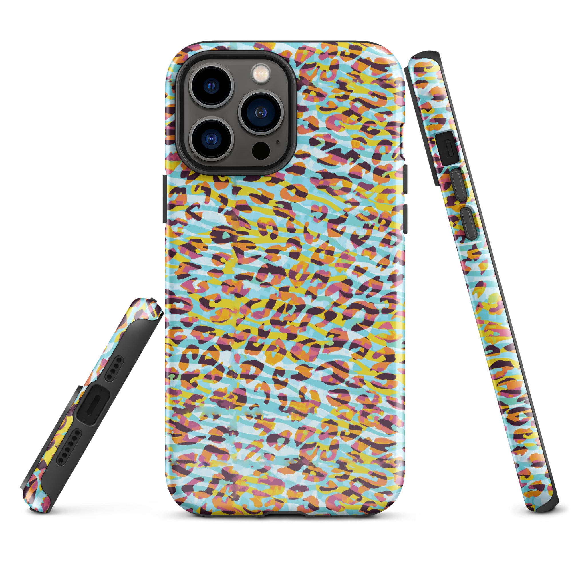 Tough Case for iPhone® Zebra and Leopard Print Cyan with Yellow