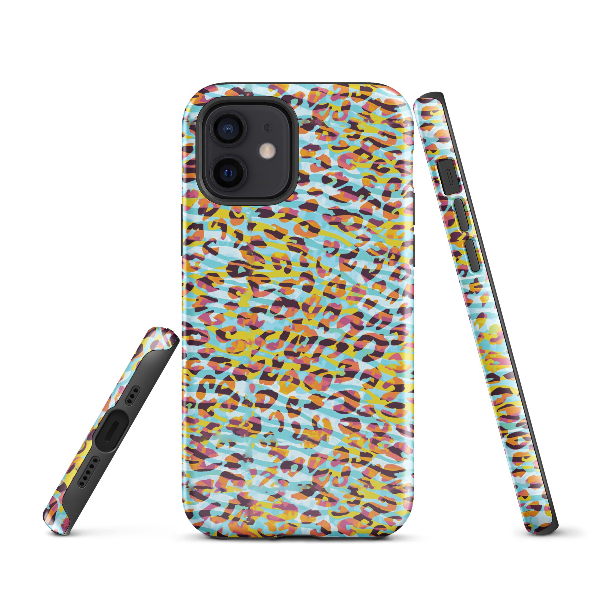 Tough Case for iPhone® Zebra and Leopard Print Cyan with Yellow