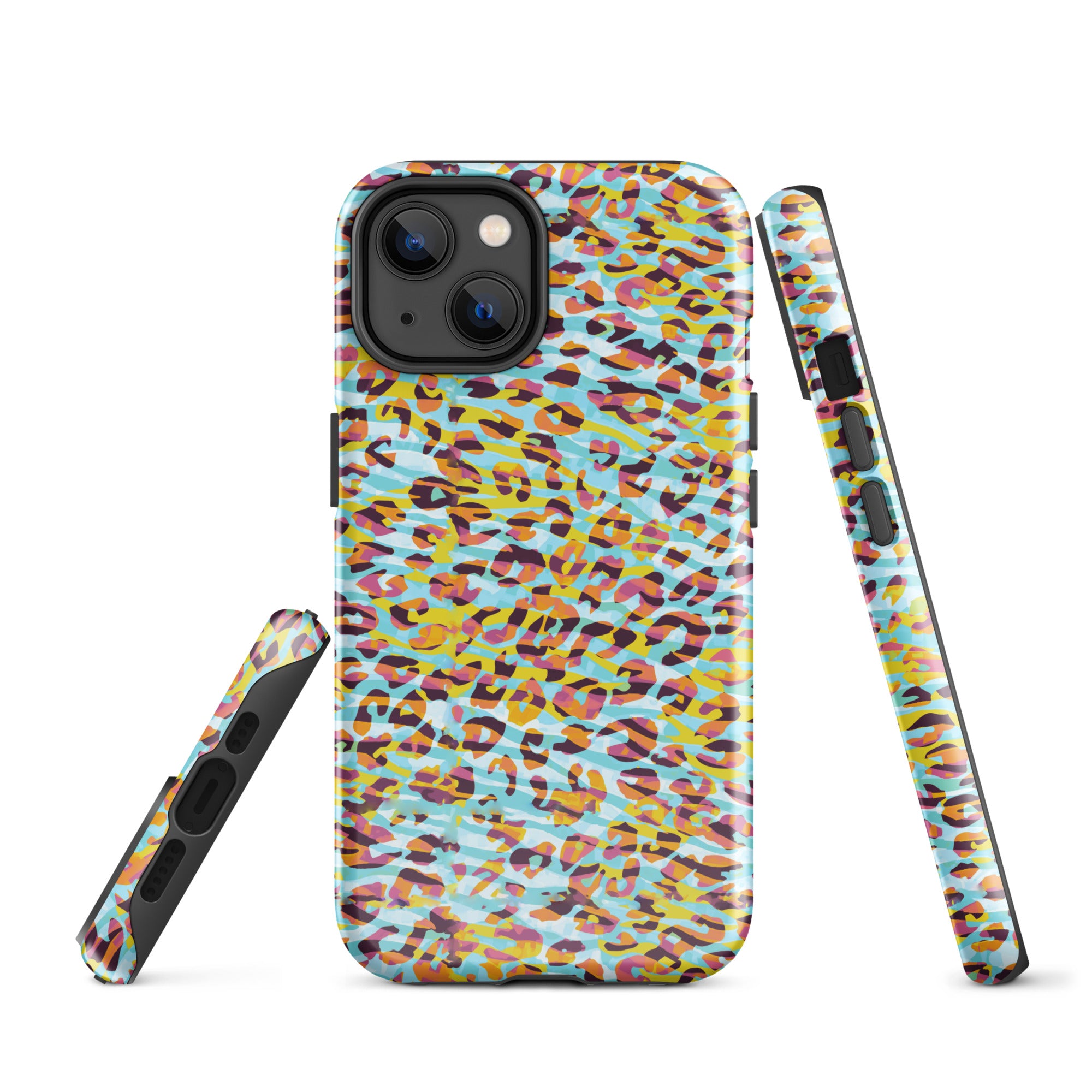 Tough Case for iPhone® Zebra and Leopard Print Cyan with Yellow