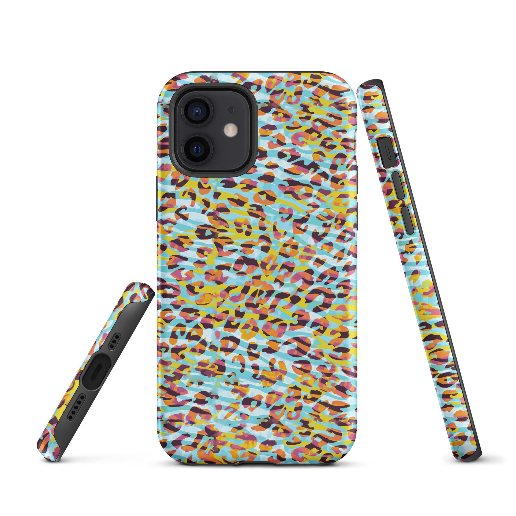 Tough Case for iPhone® Zebra and Leopard Print Cyan with Yellow