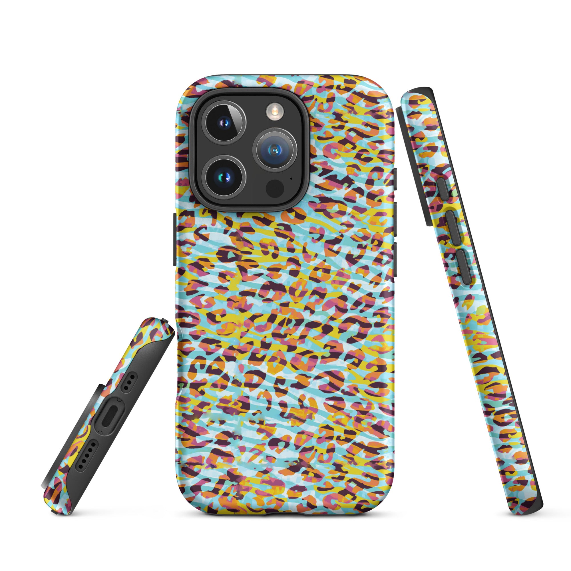 Tough Case for iPhone® Zebra and Leopard Print Cyan with Yellow