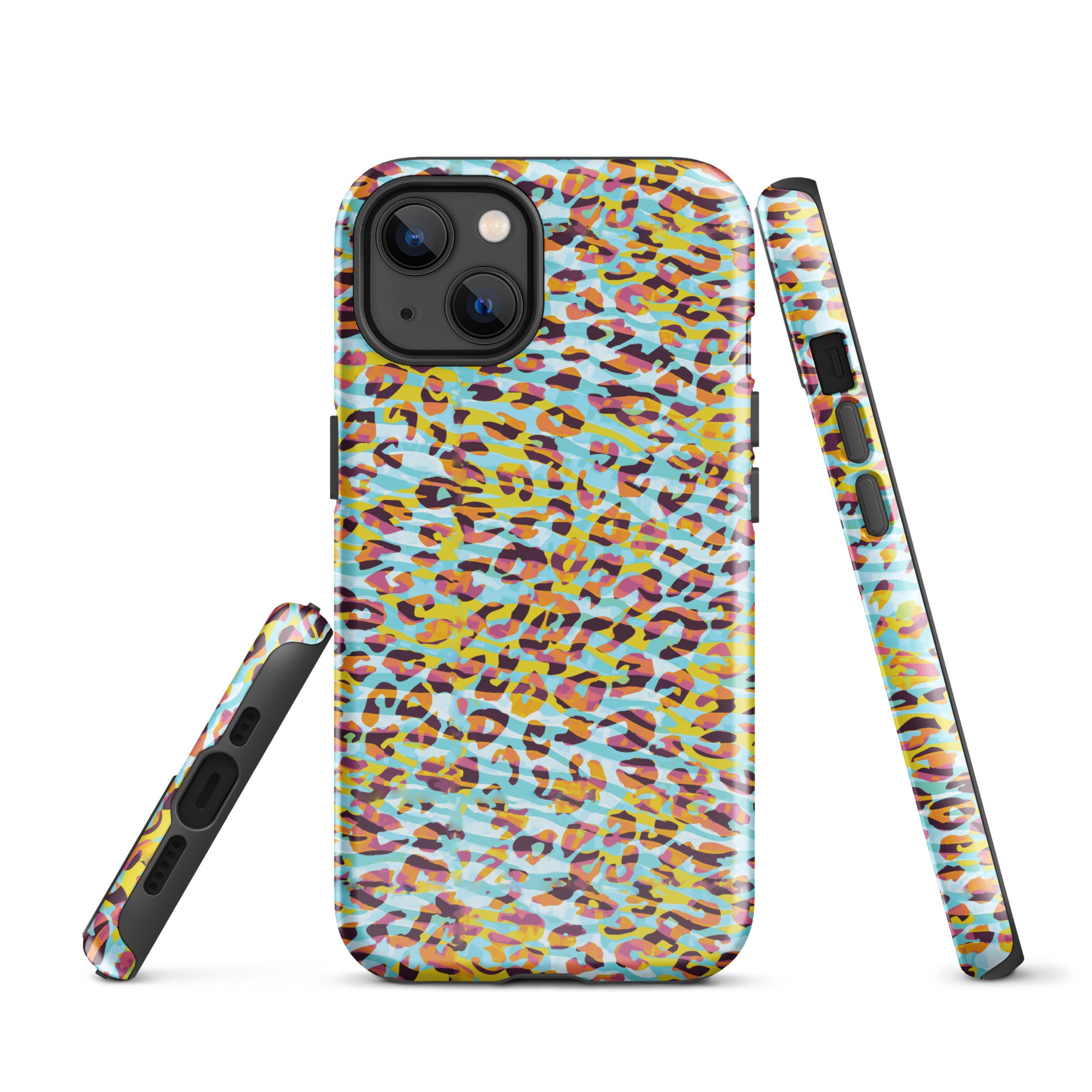 Tough Case for iPhone® Zebra and Leopard Print Cyan with Yellow