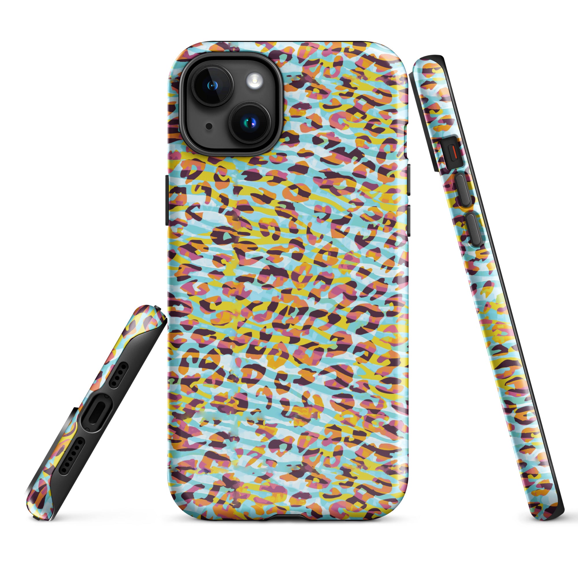Tough Case for iPhone® Zebra and Leopard Print Cyan with Yellow