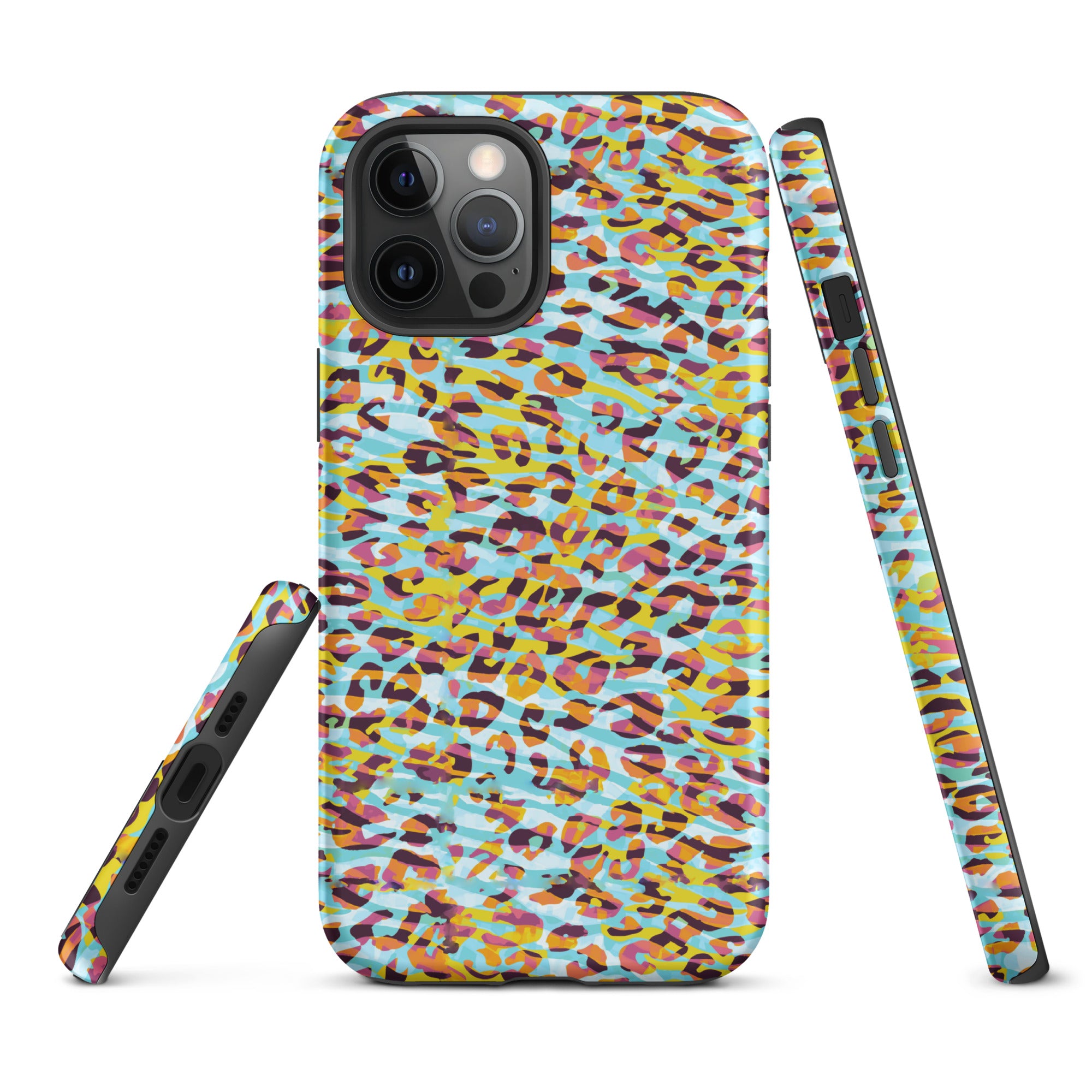 Tough Case for iPhone® Zebra and Leopard Print Cyan with Yellow