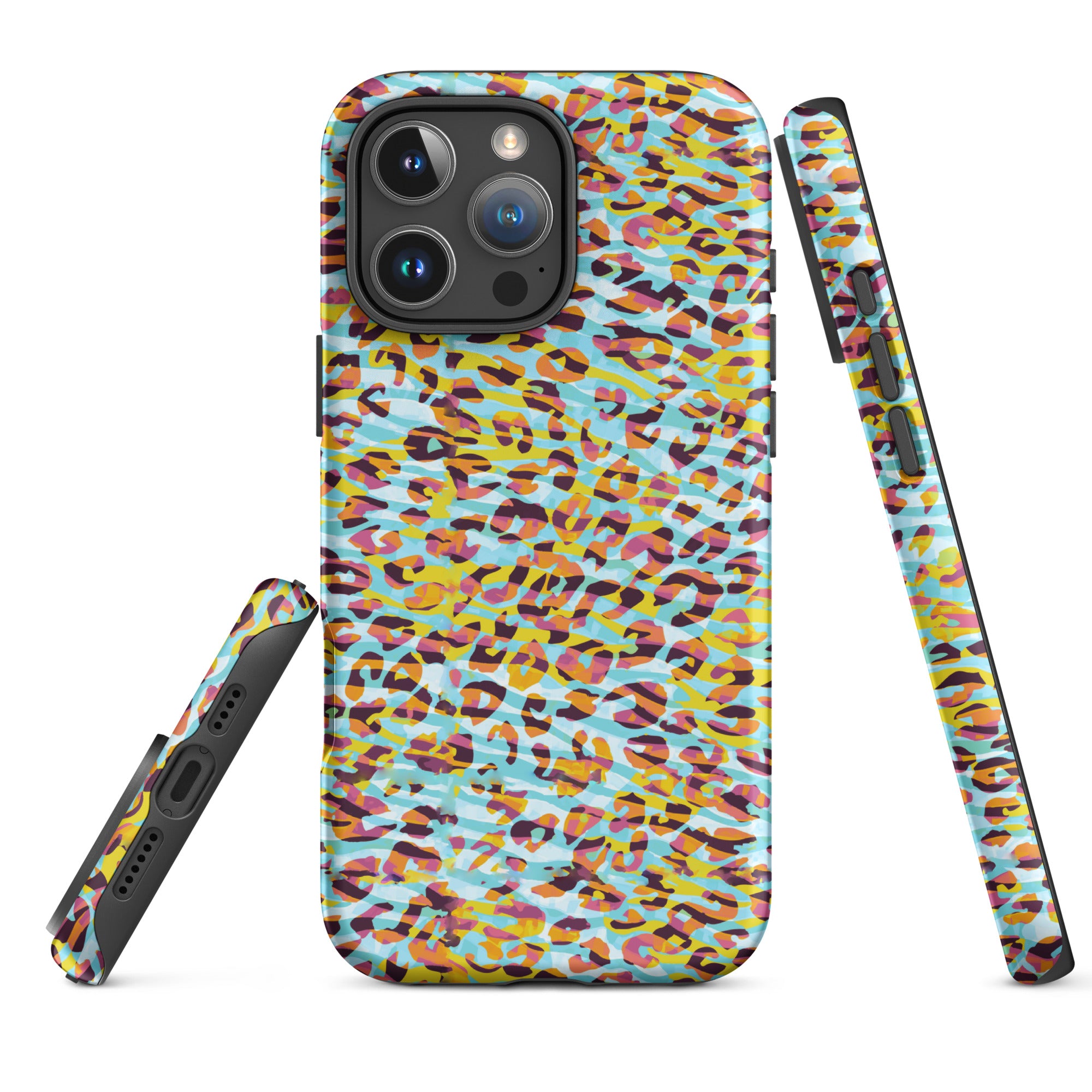 Tough Case for iPhone® Zebra and Leopard Print Cyan with Yellow
