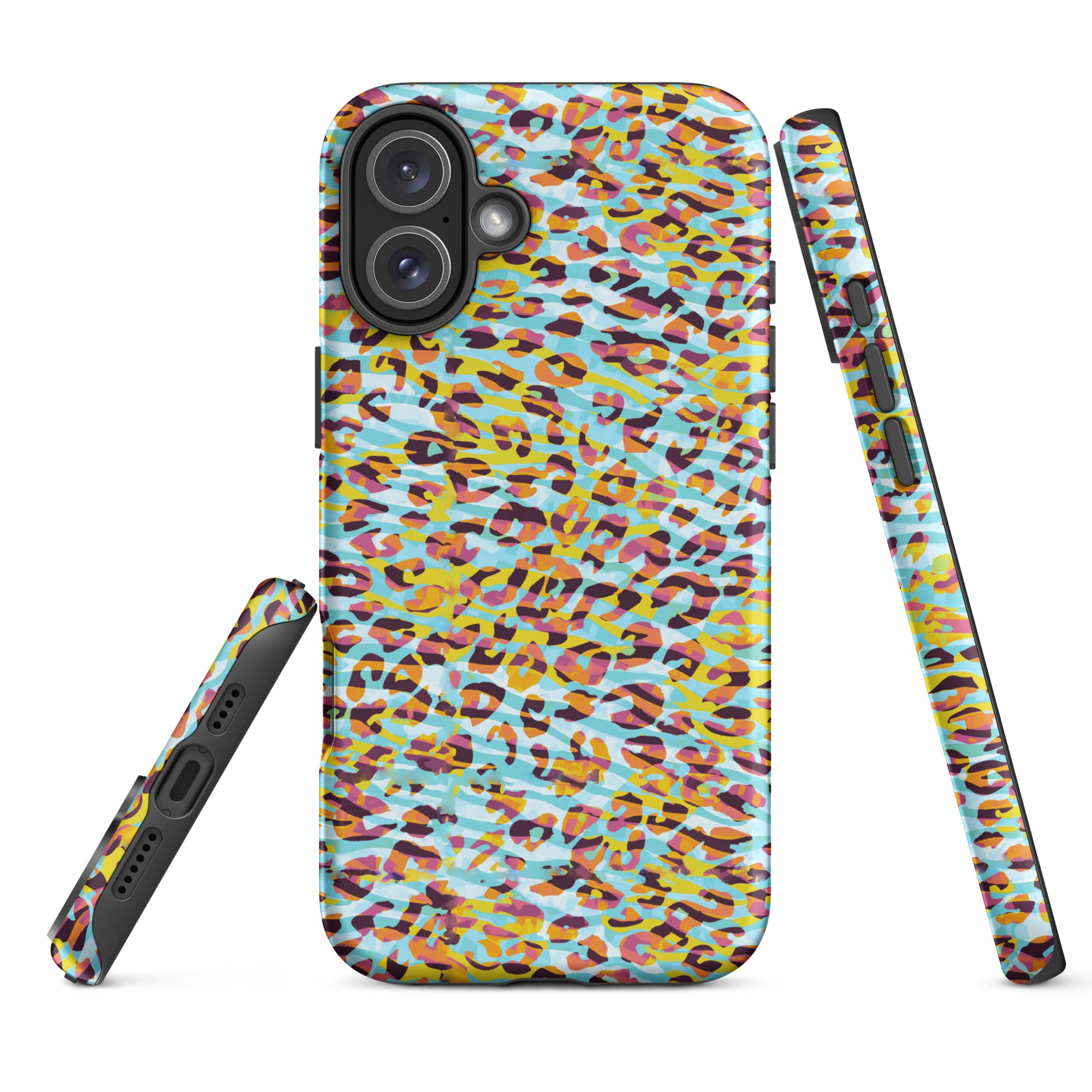Tough Case for iPhone® Zebra and Leopard Print Cyan with Yellow