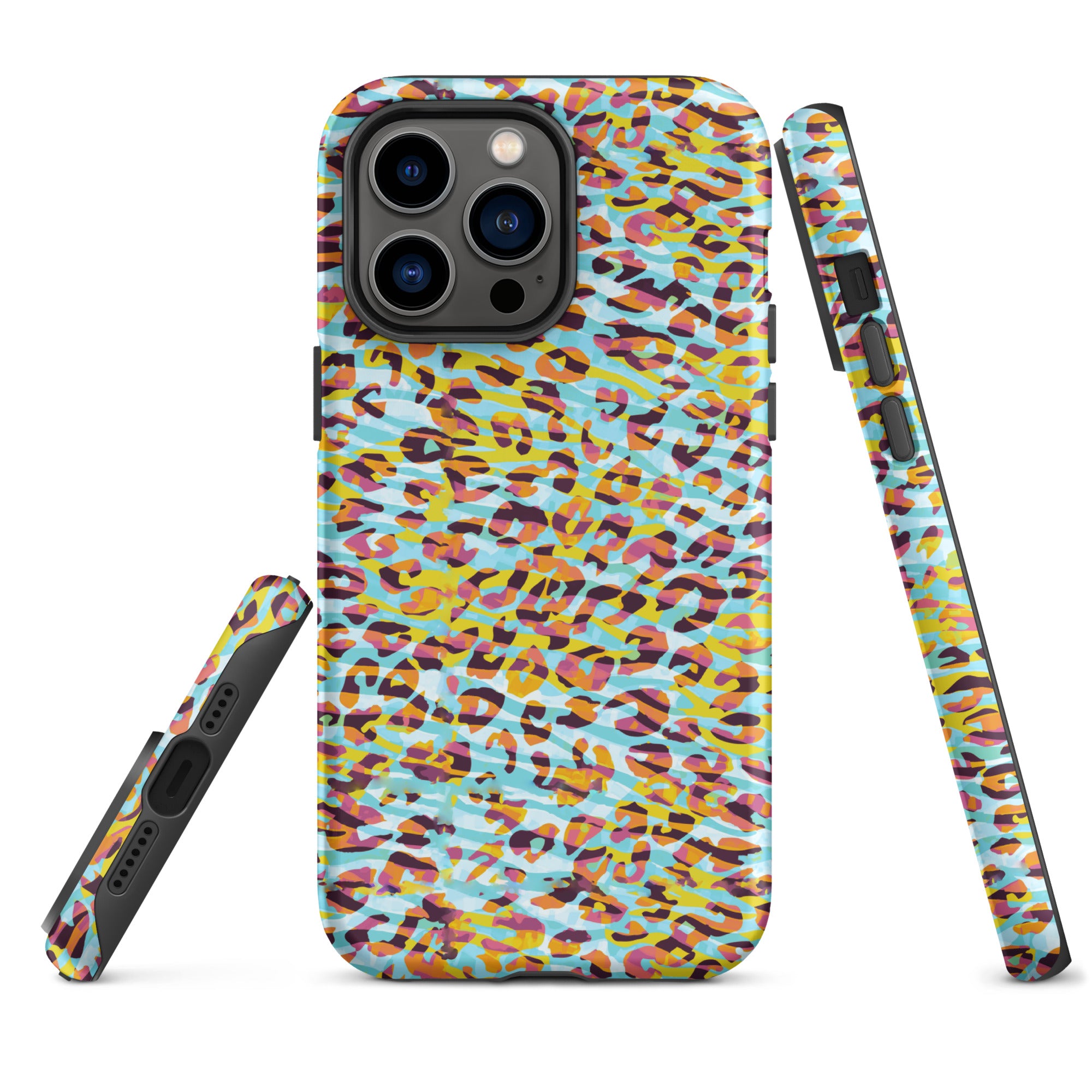 Tough Case for iPhone® Zebra and Leopard Print Cyan with Yellow