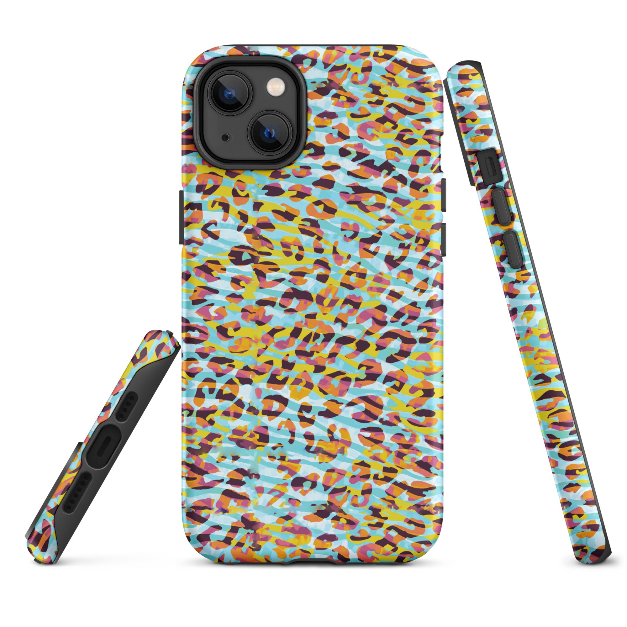 Tough Case for iPhone® Zebra and Leopard Print Cyan with Yellow