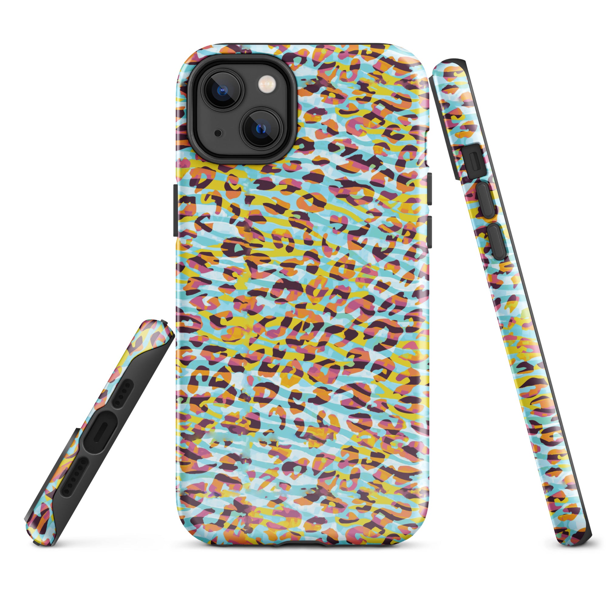 Tough Case for iPhone® Zebra and Leopard Print Cyan with Yellow