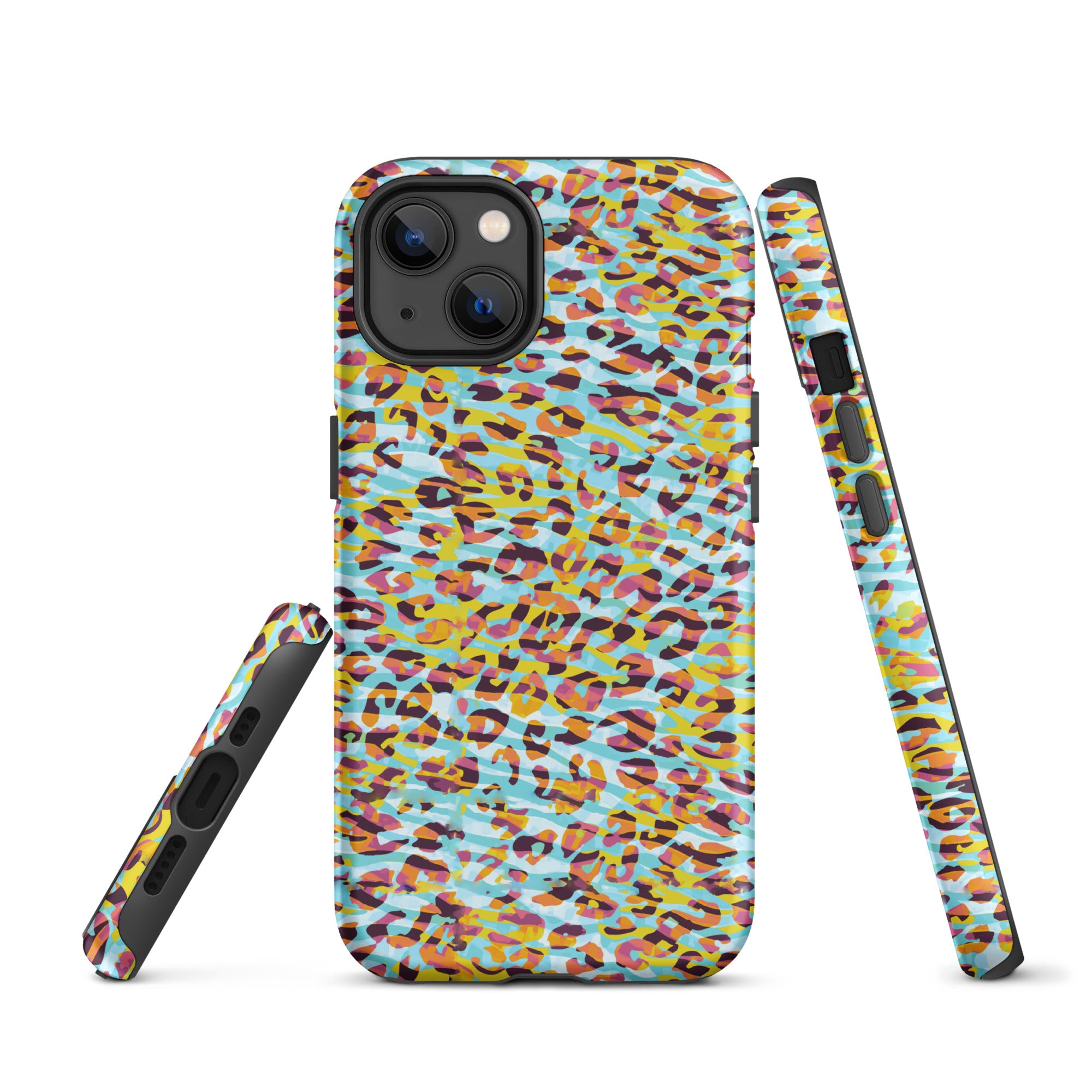 Tough Case for iPhone® Zebra and Leopard Print Cyan with Yellow