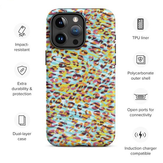Tough Case for iPhone® Zebra and Leopard Print Cyan with Yellow