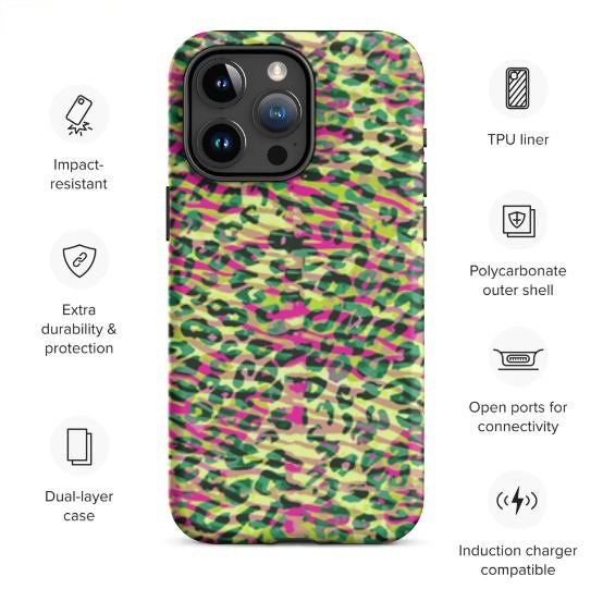Tough Case for iPhone® Zebra and Leopard Print Magenta with Yellow