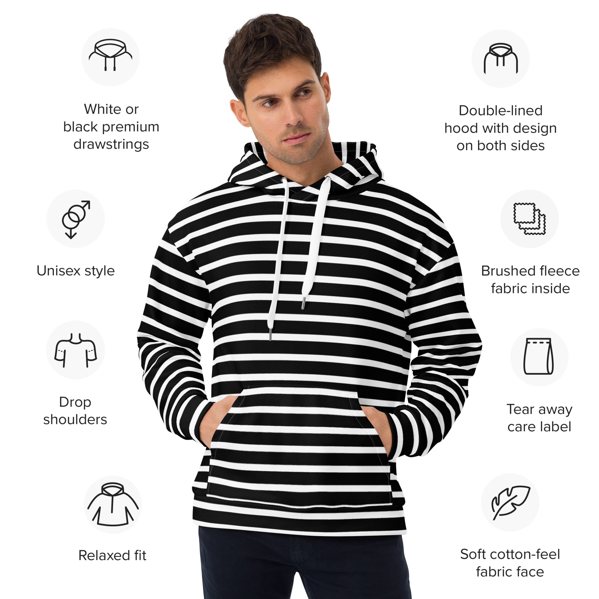 Unisex Hoodie White and Black Striped