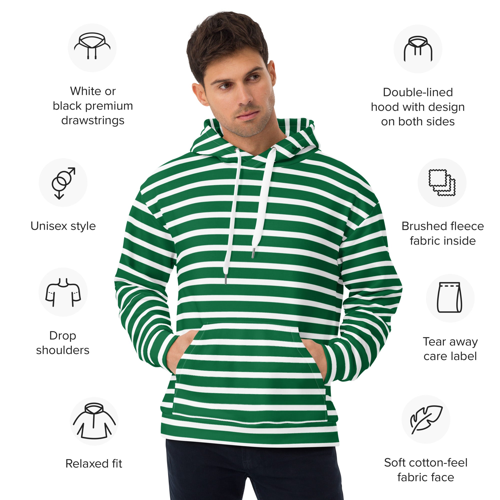 Unisex Hoodie White and Green Striped