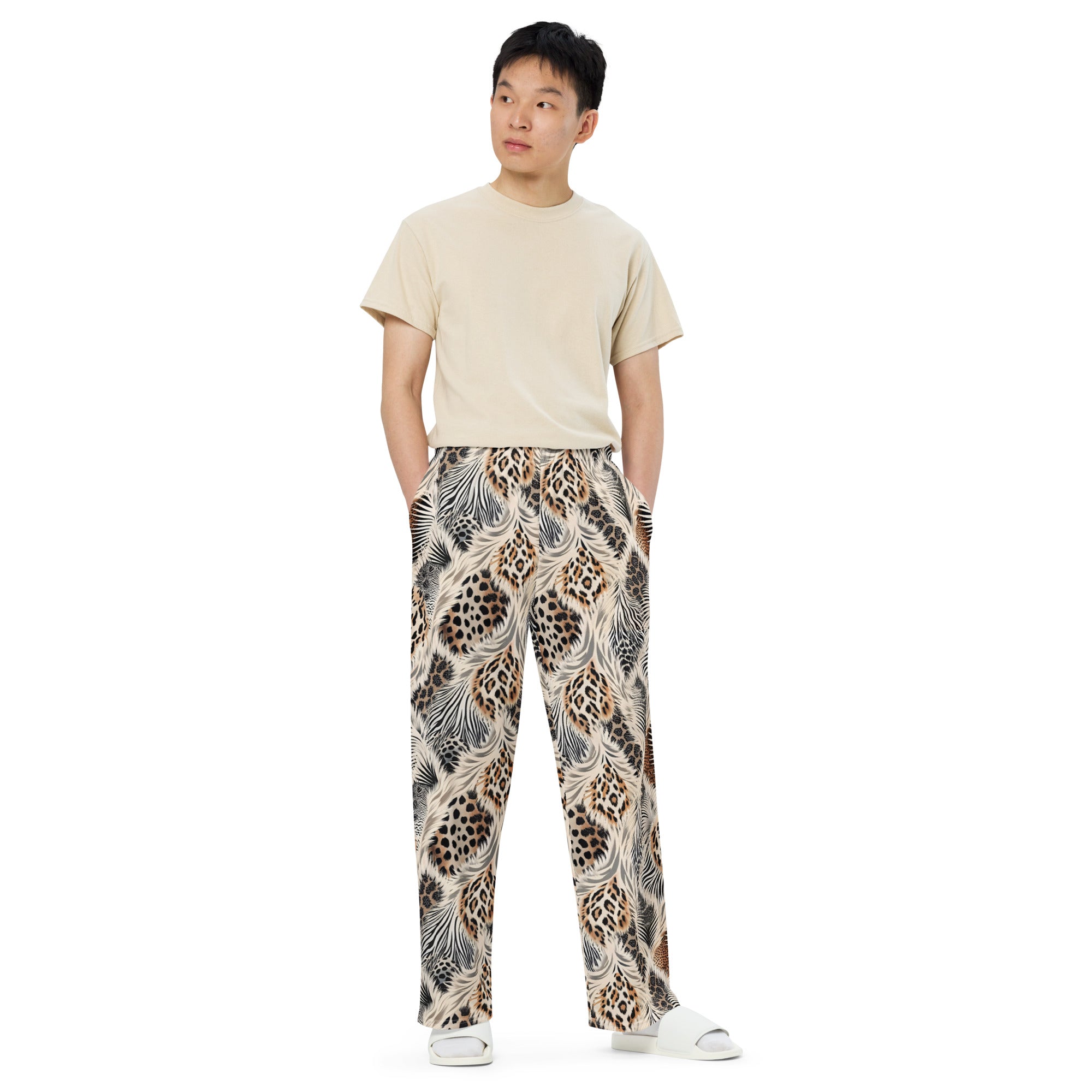 unisex wide leg pants Artsy Animal Print Design I