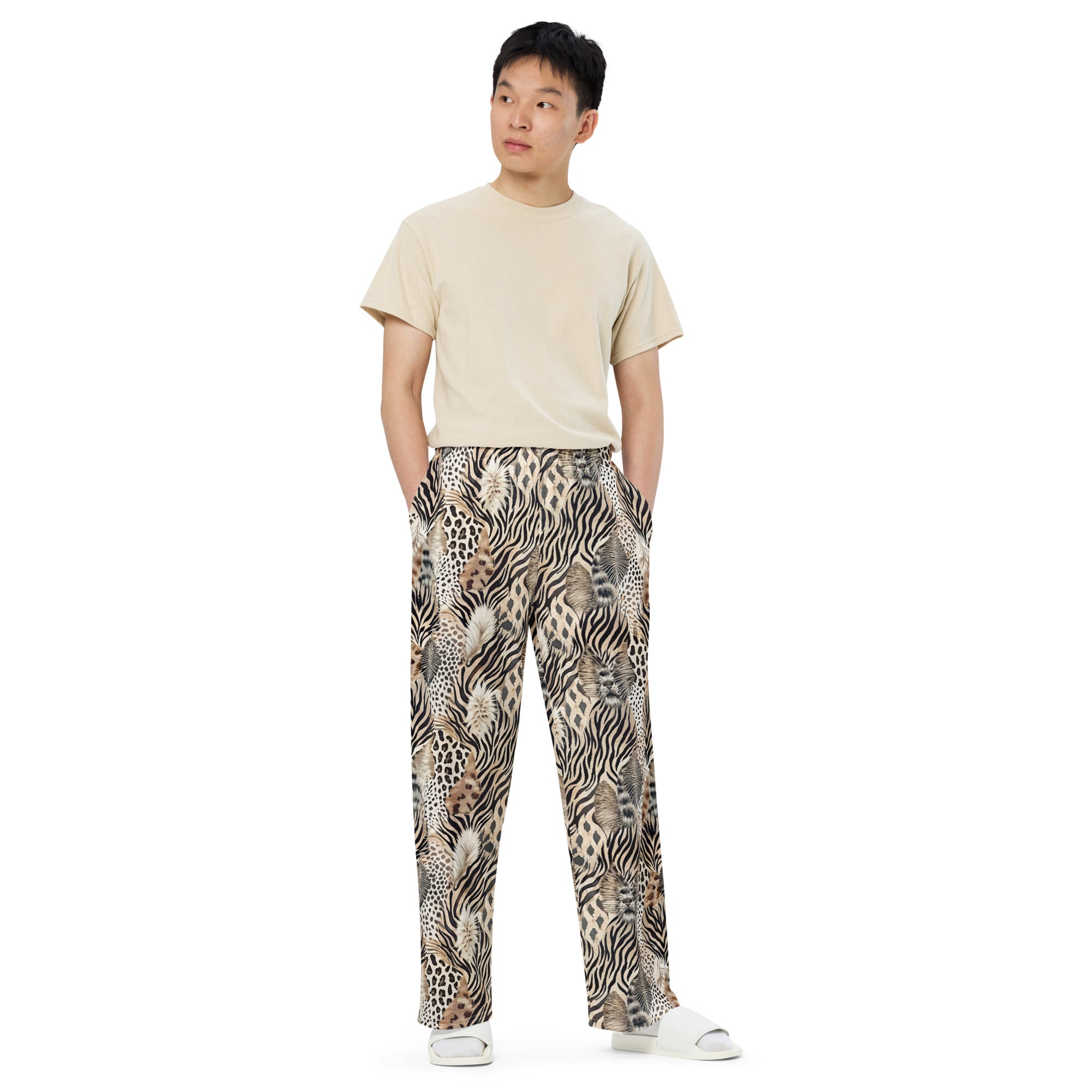 unisex wide leg pants Artsy Animal Print Design V