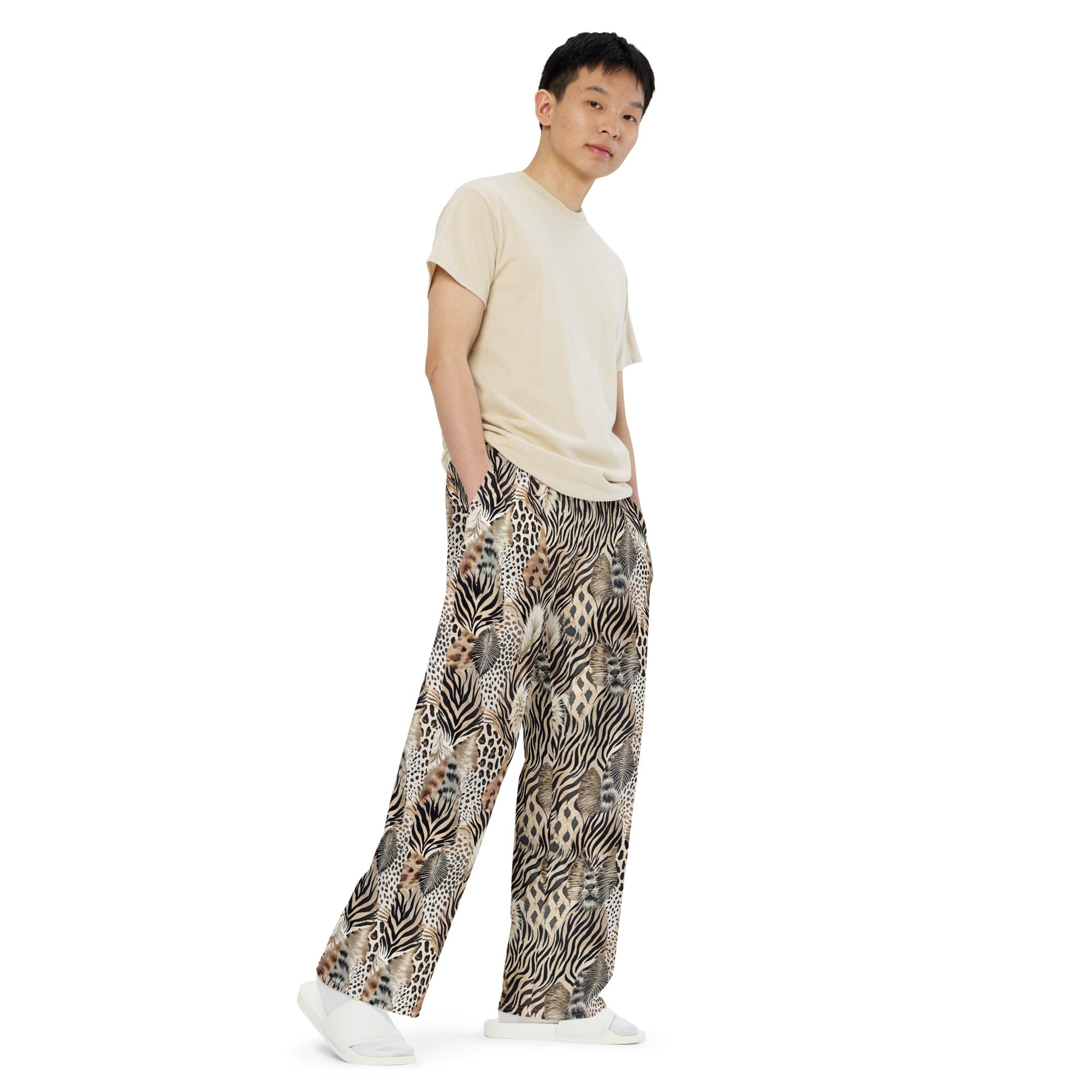 unisex wide leg pants Artsy Animal Print Design V