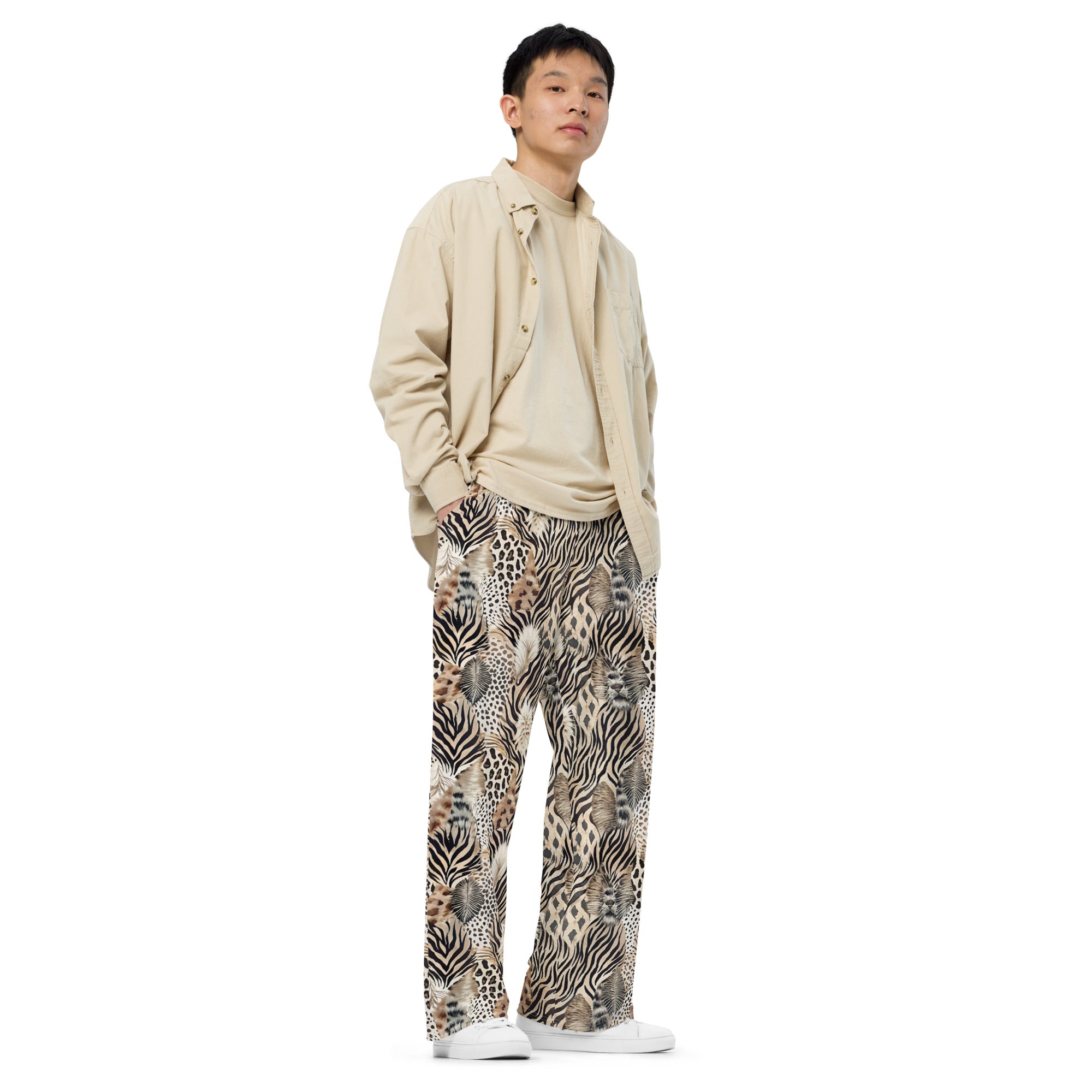 unisex wide leg pants Artsy Animal Print Design V