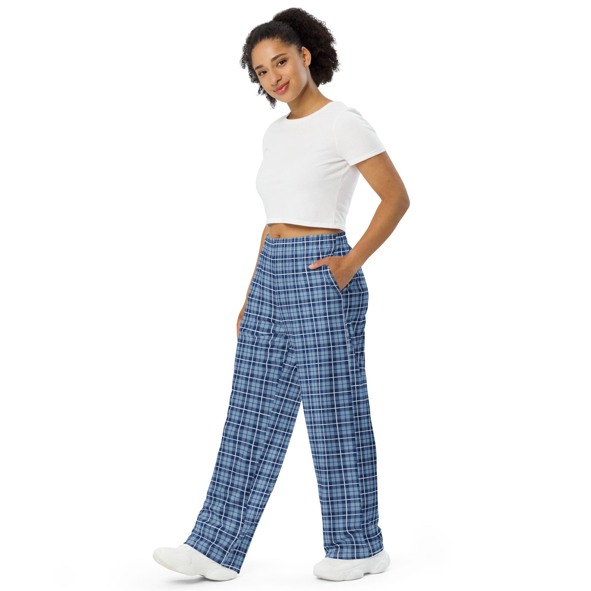 unisex wide leg pants Tartan Light Blue