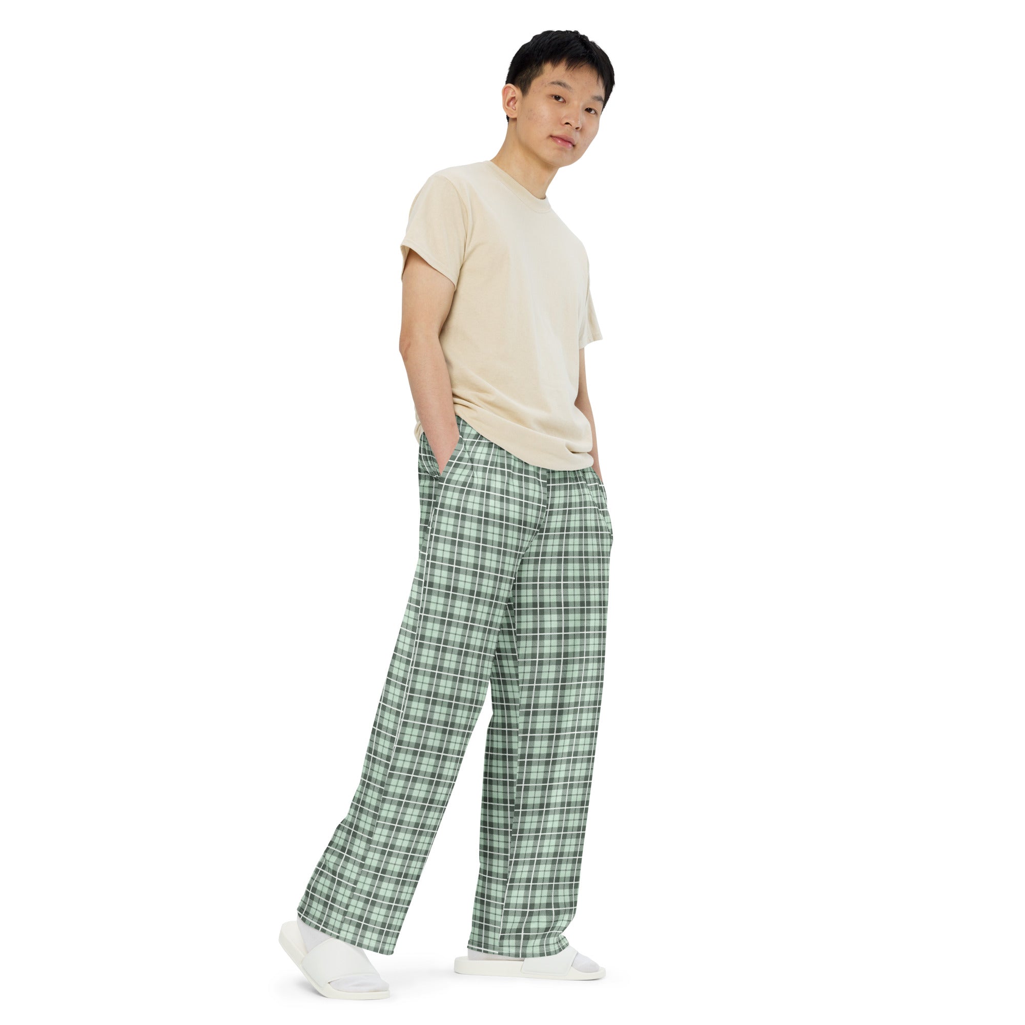 unisex wide leg pants Tartan Light green