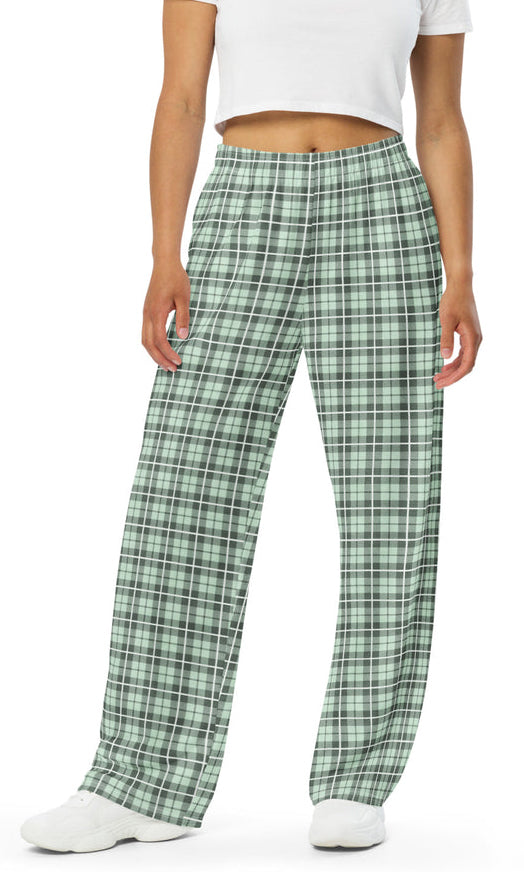 unisex wide leg pants Tartan Light green