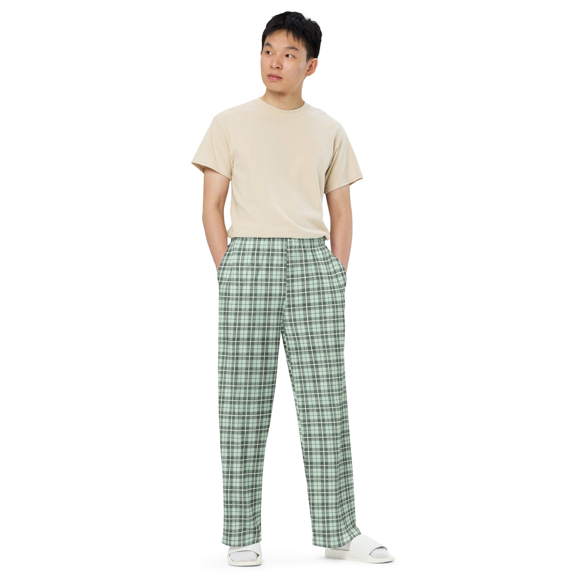 unisex wide leg pants Tartan Light green