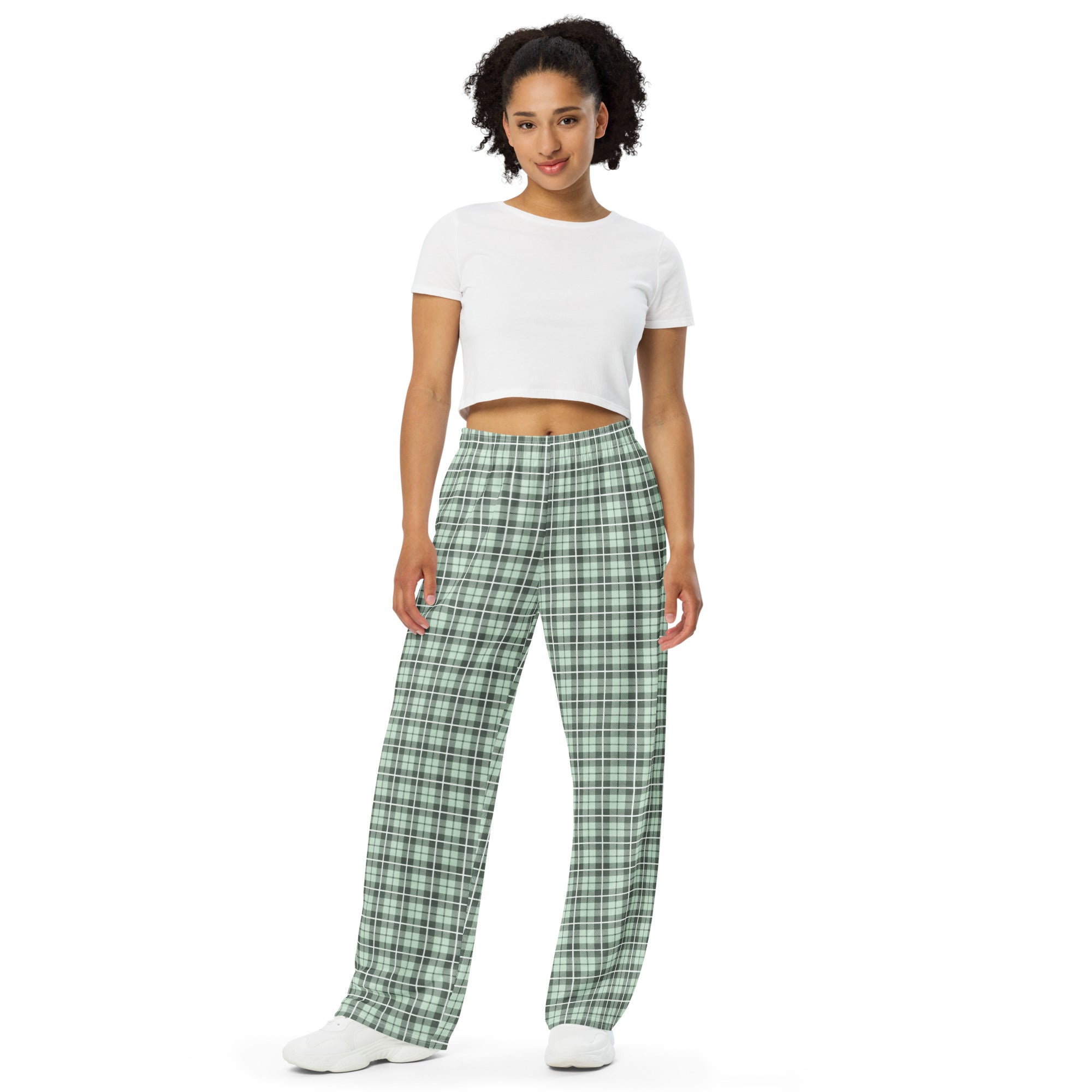 unisex wide leg pants Tartan Light green