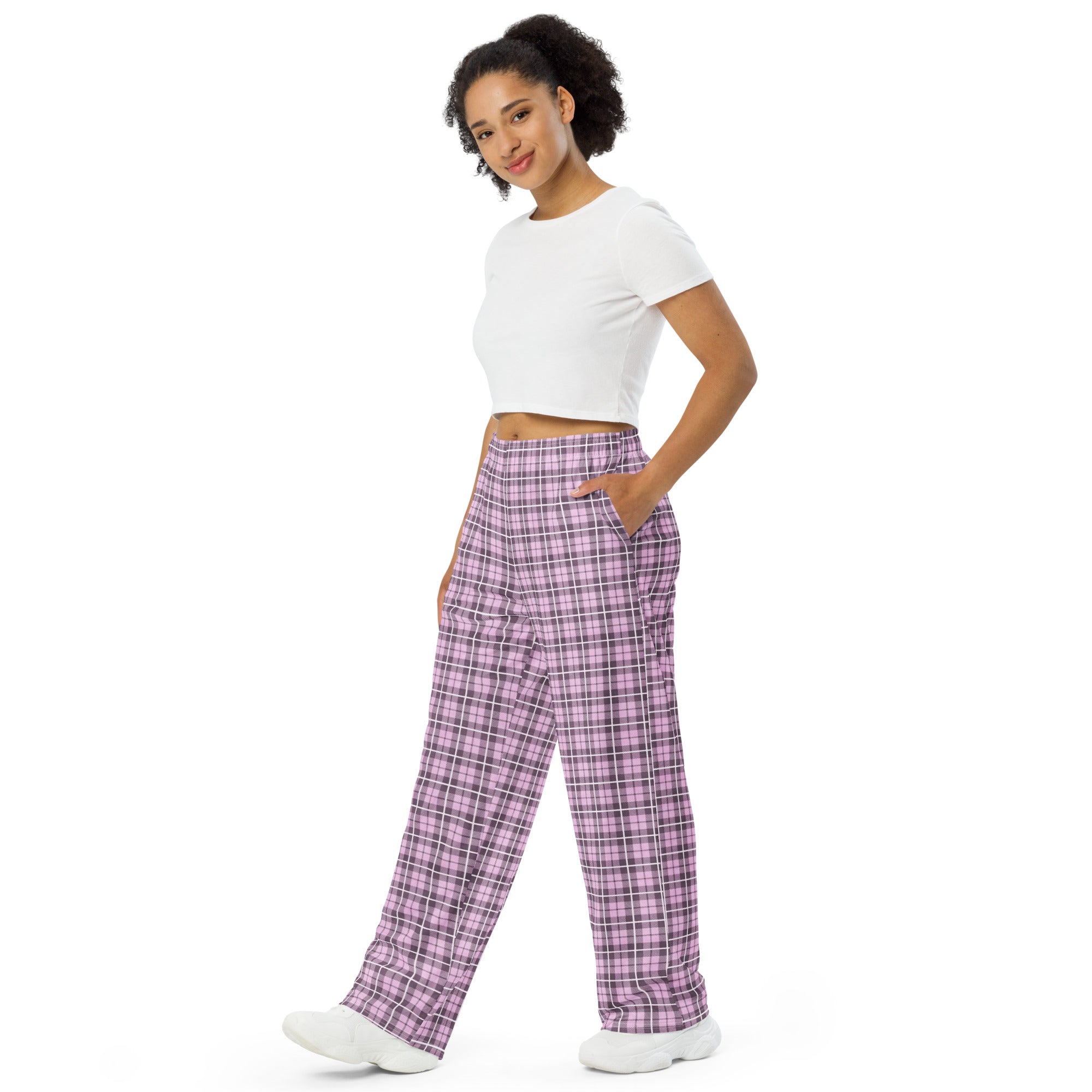 unisex wide leg pants Tartan Pink