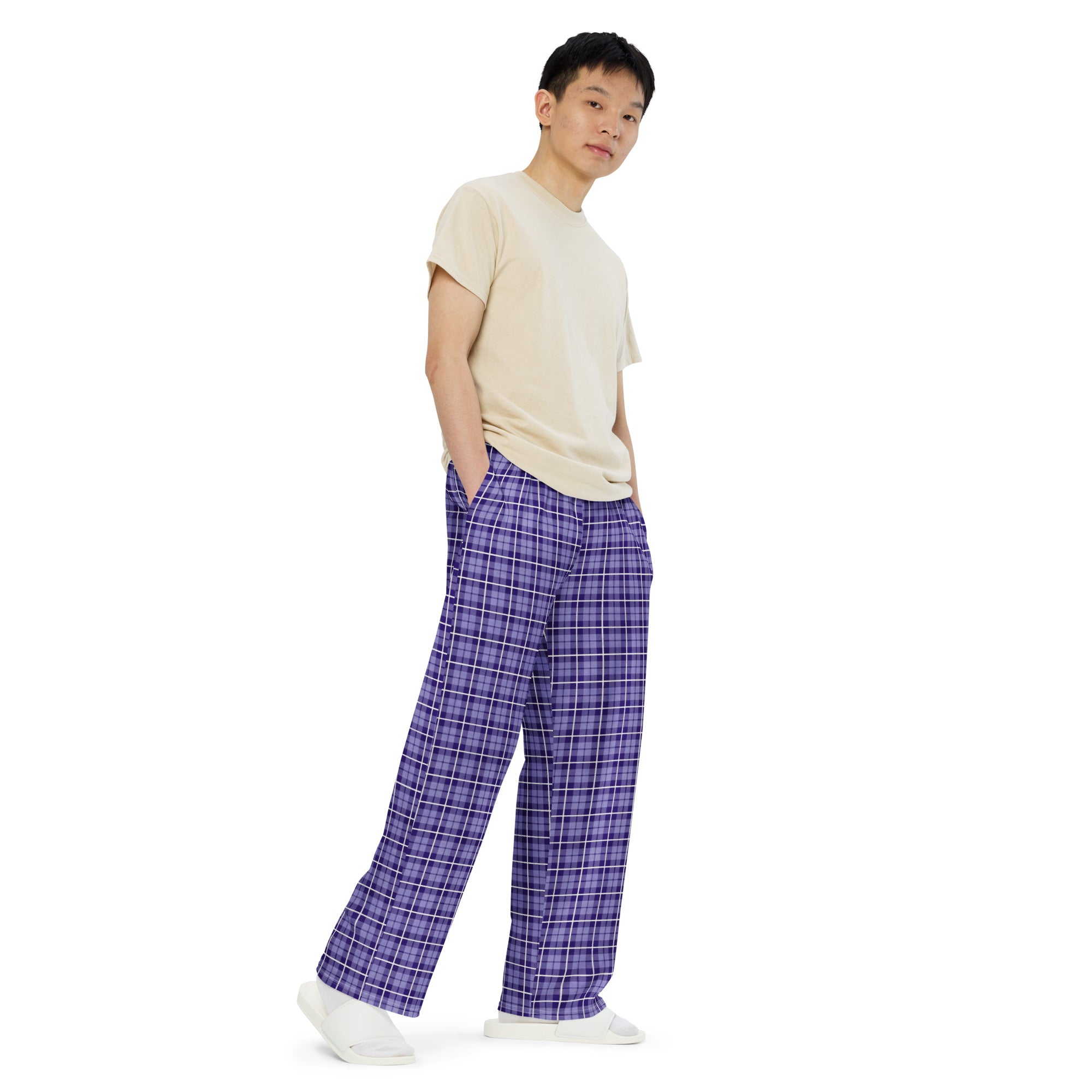 unisex wide leg pants Tartan purple
