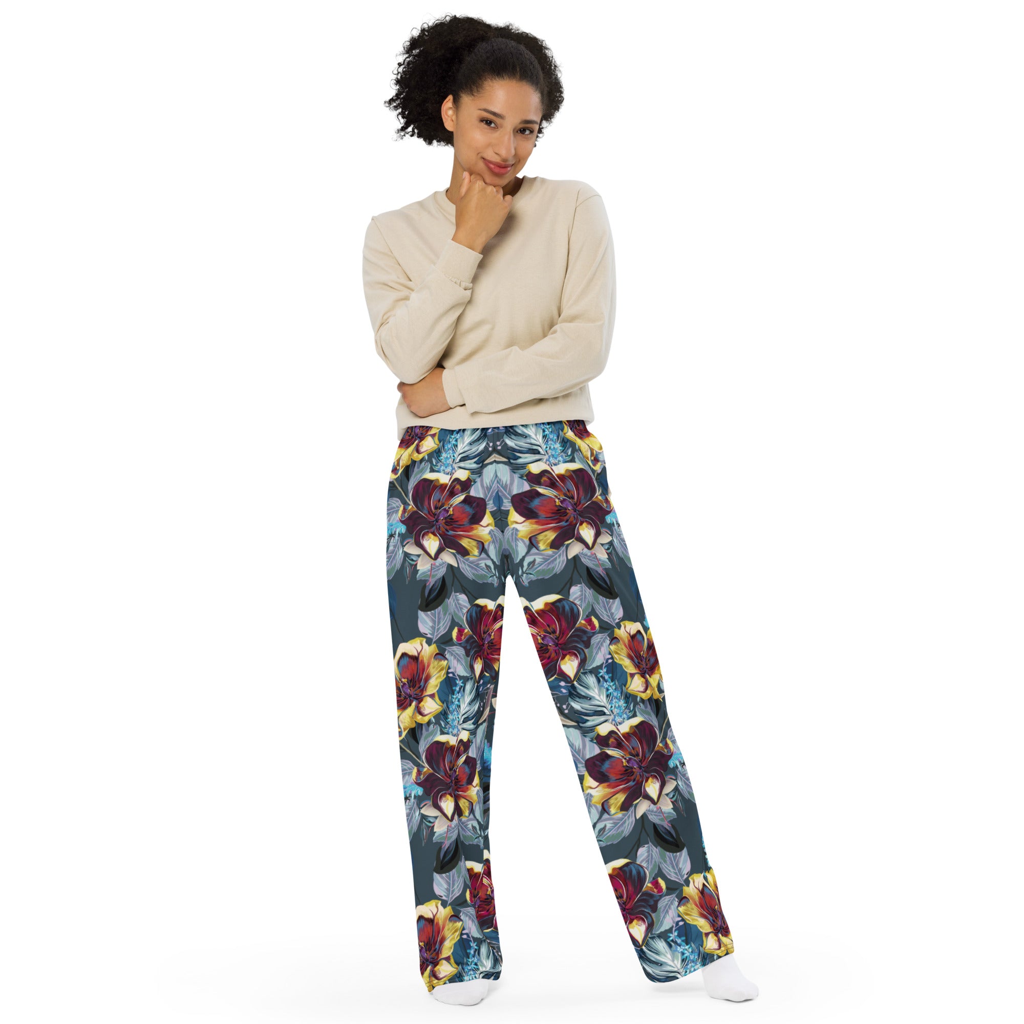 unisex wide leg pants tulip flowers