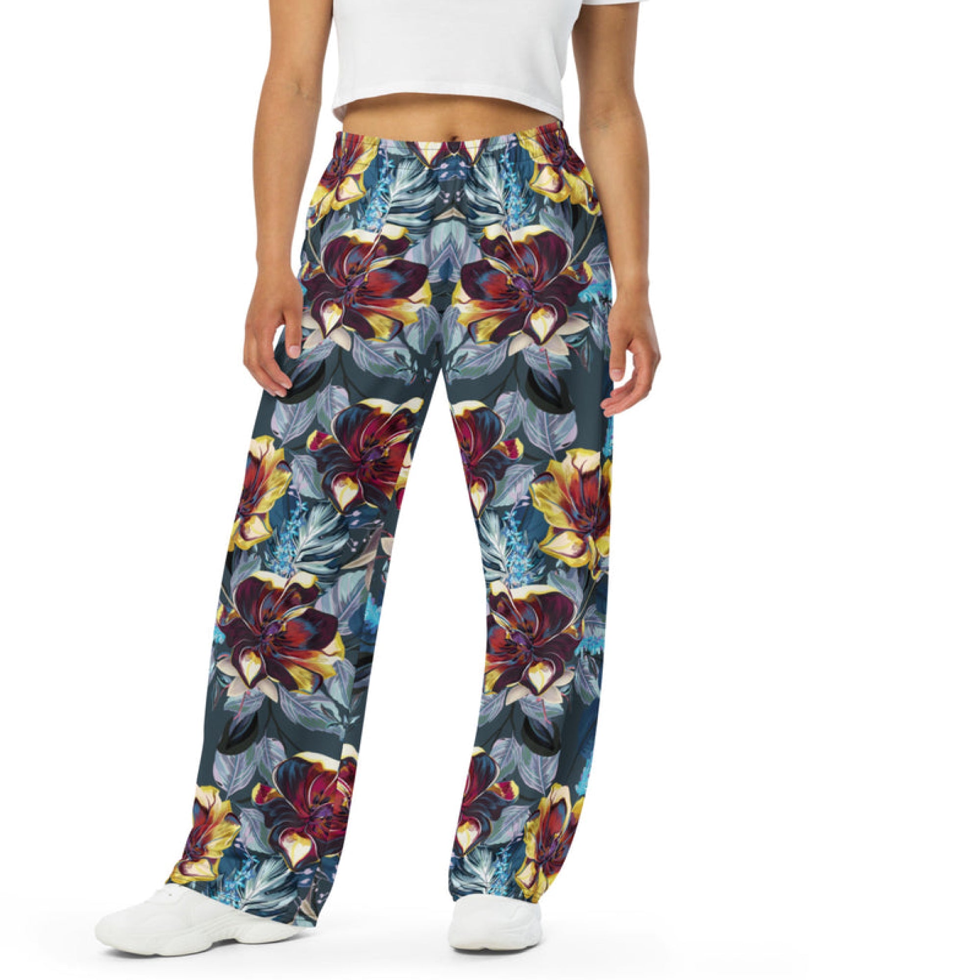 unisex wide leg pants tulip flowers