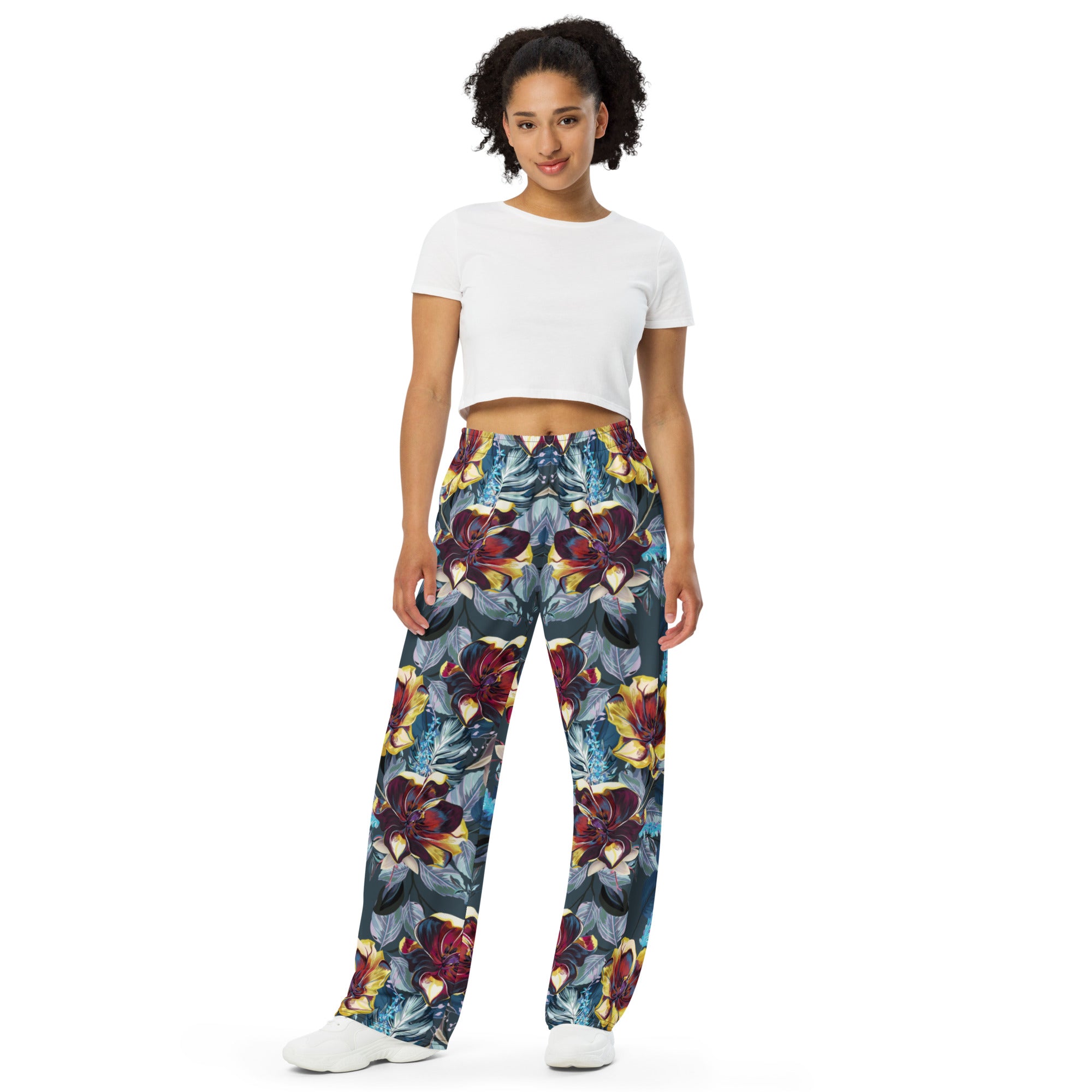 unisex wide leg pants tulip flowers