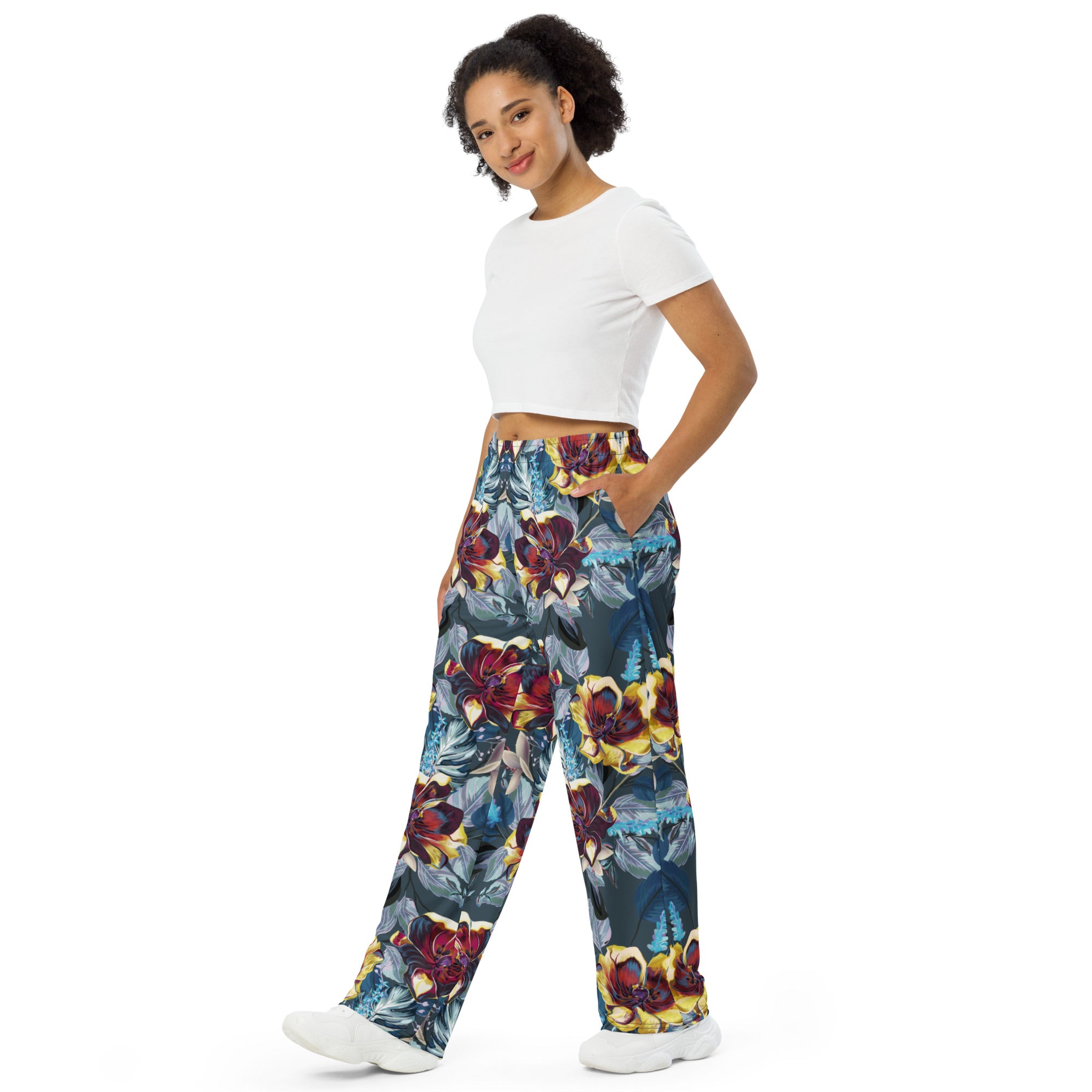 unisex wide leg pants tulip flowers