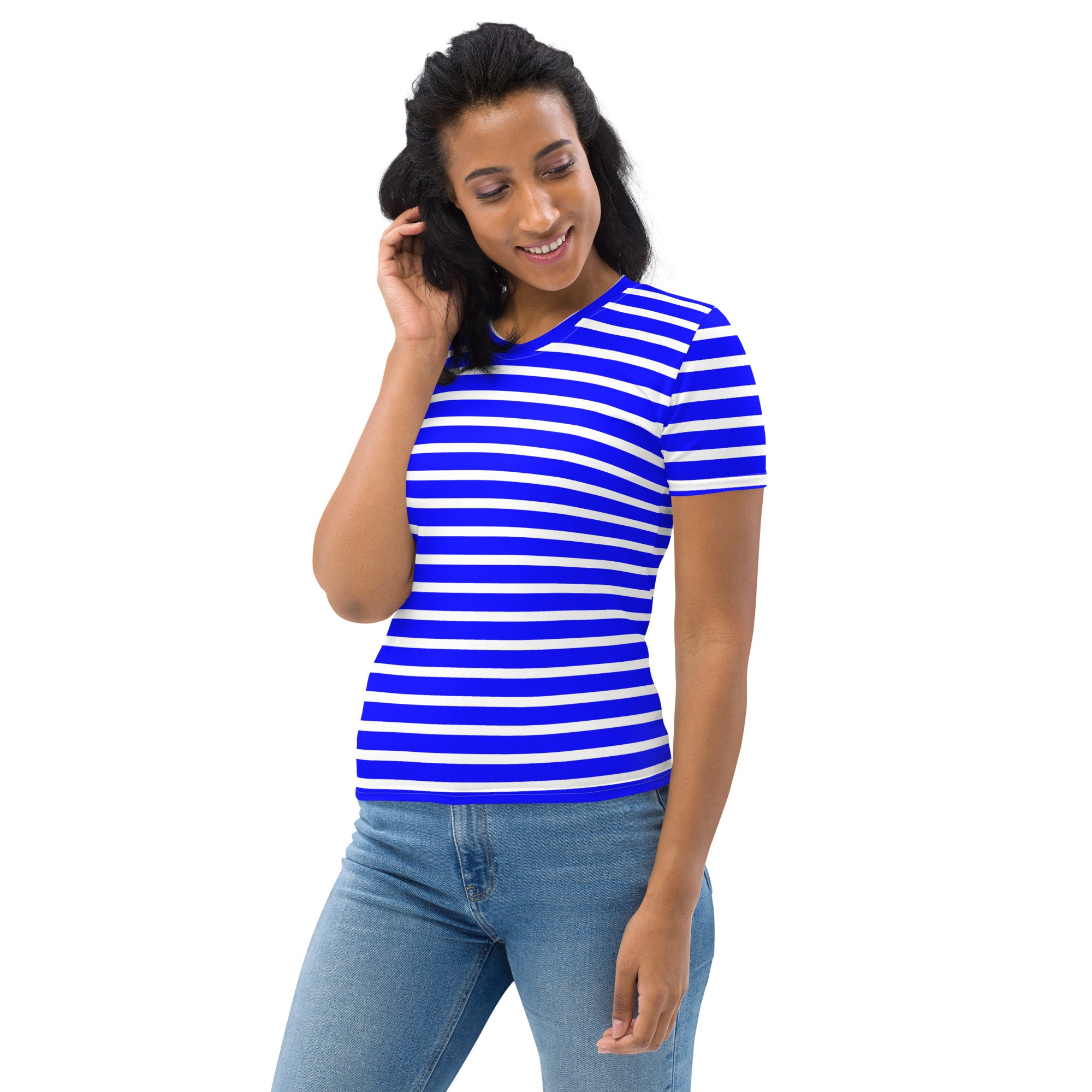Women's T shirt White and Blue Striped