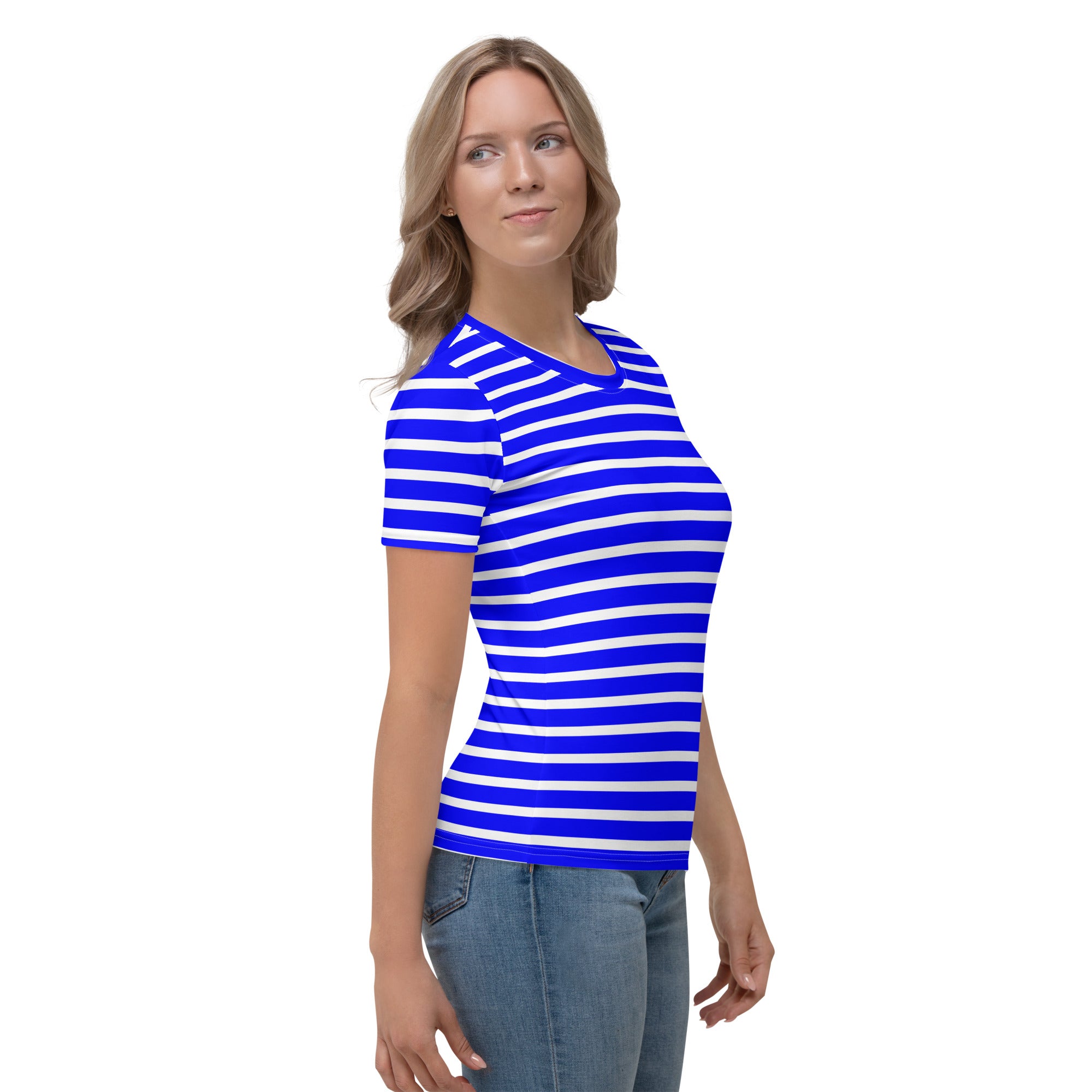 Women's T shirt White and Blue Striped