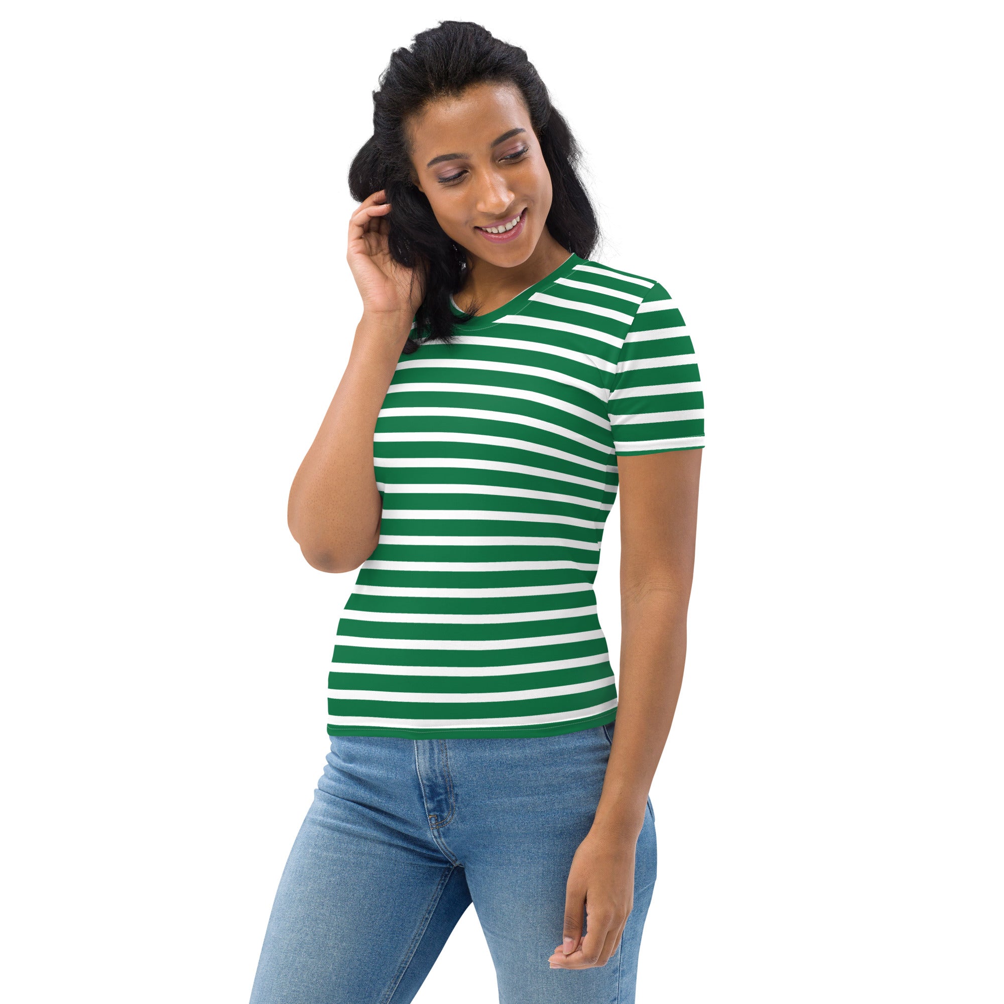 Women's T shirt White and Green Striped