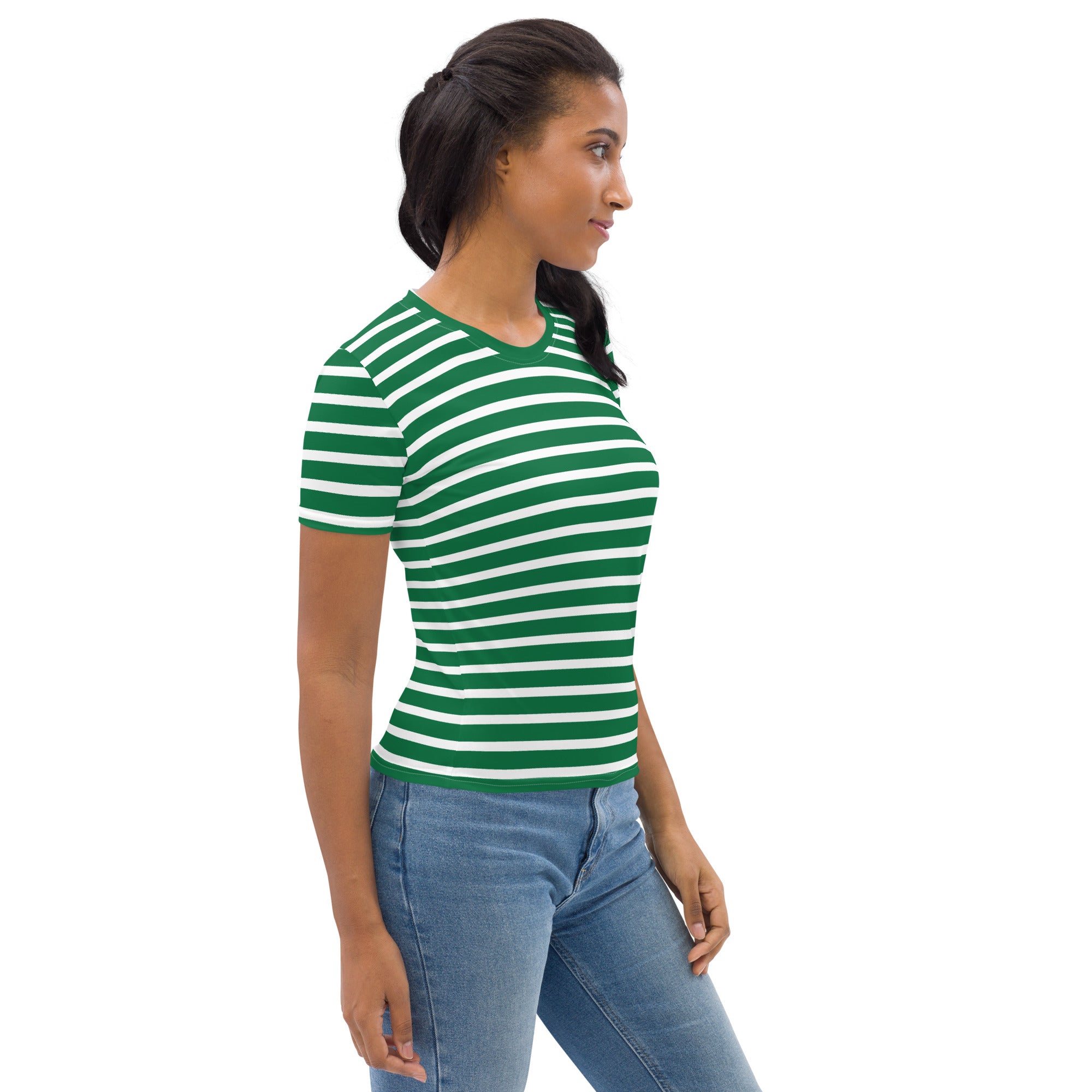 Women's T shirt White and Green Striped